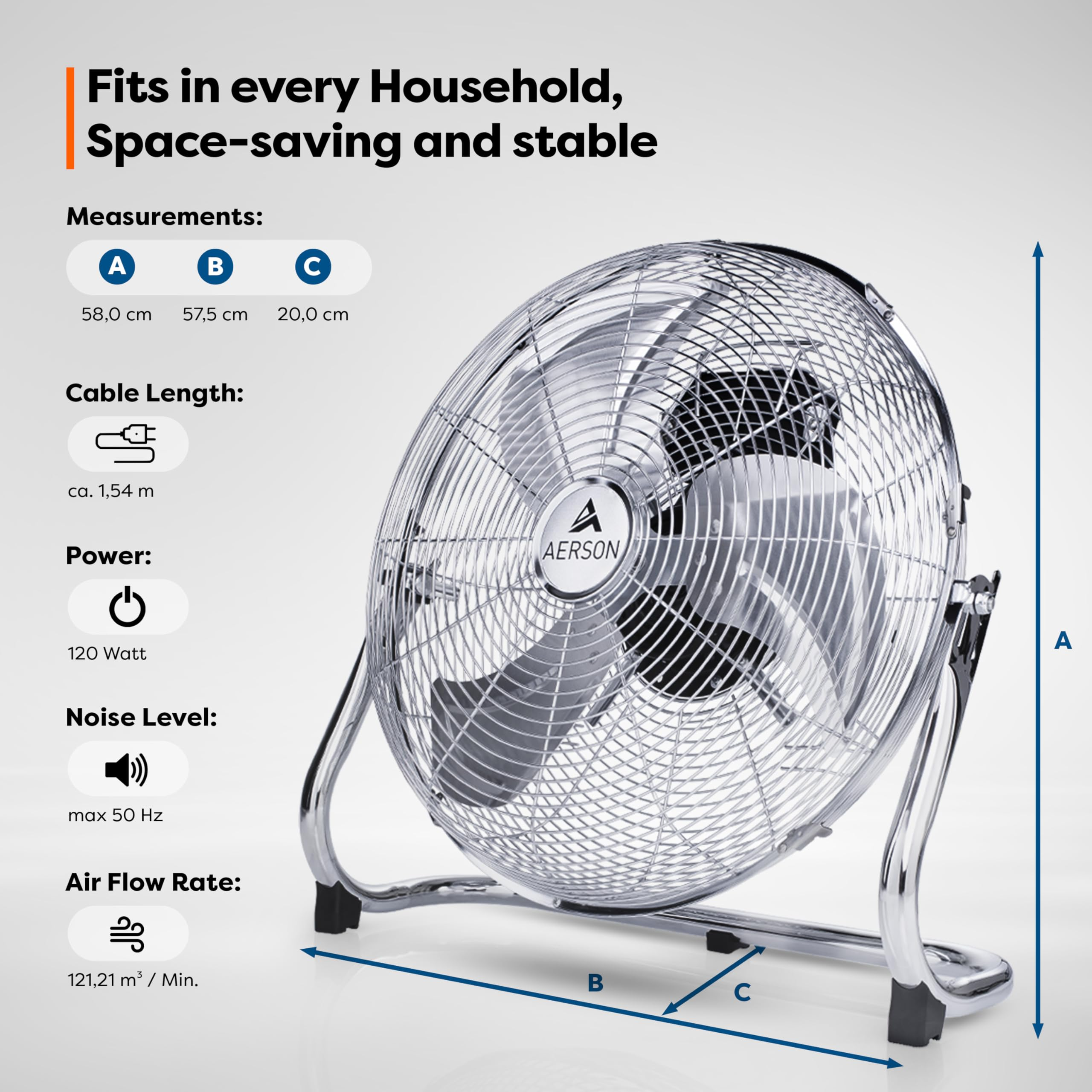 Ventilateur de sol Aerson argenté avec dimensions, longueur de câble, puissance, niveau sonore et débit d'air.