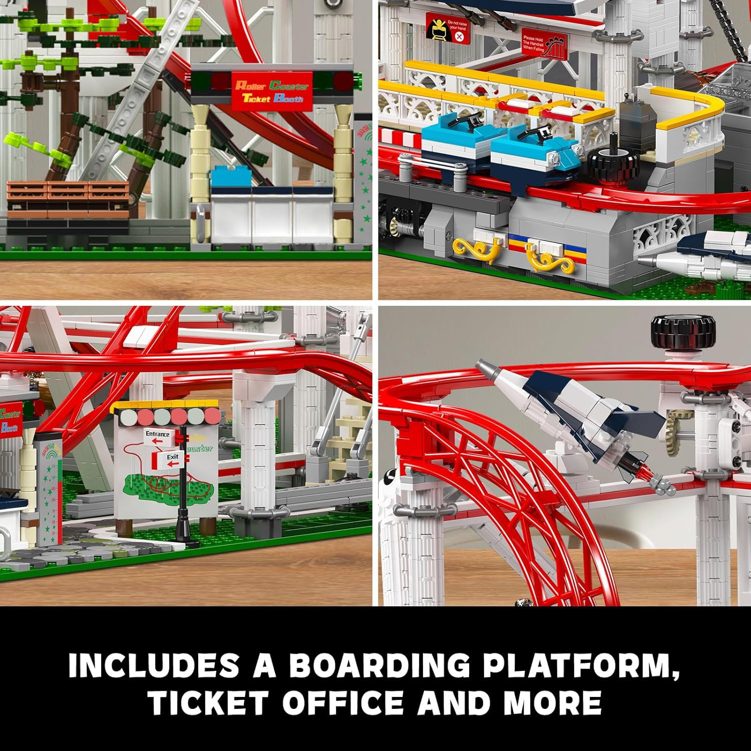 Lego-Achterbahn mit Ticketstand, Einstiegsplattform, roter Schiene und Wagen auf einem hölzernen Tisch.