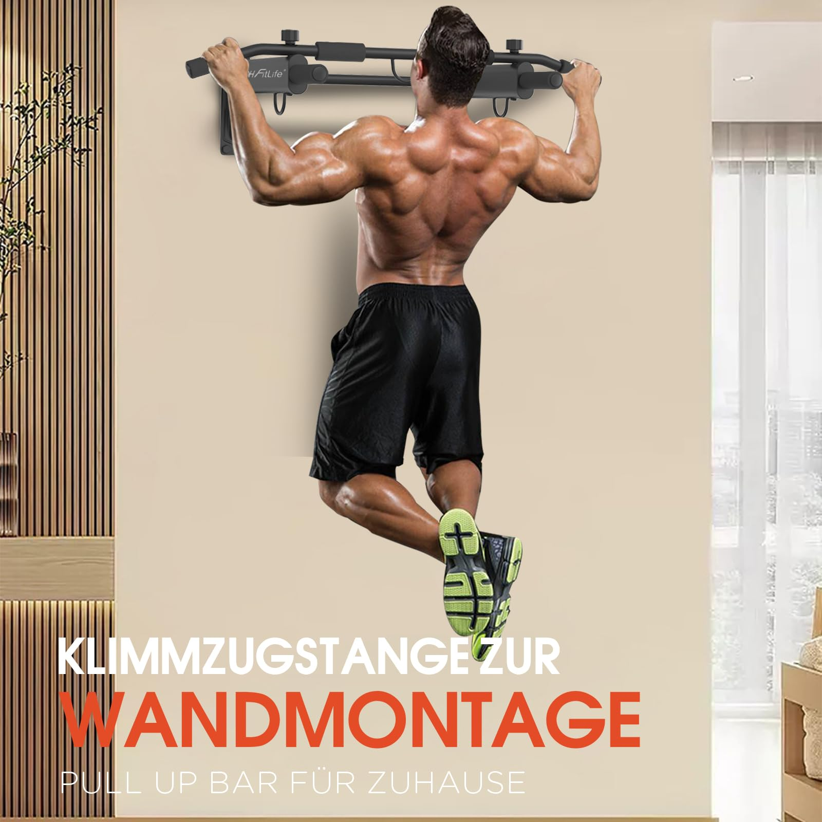 Muskulöser Mann macht Klimmzüge an einer schwarzen Wandklimmzugstange in einem hellen Raum.