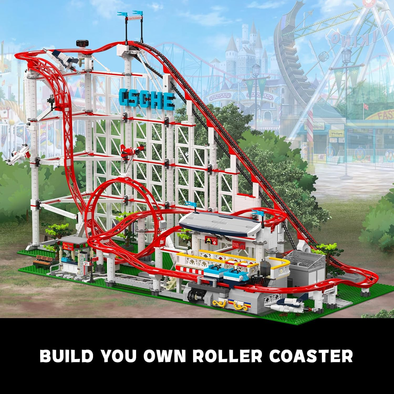Eine detaillierte Lego-Achterbahn mit roten Schienen und weißer Holzstruktur vor einem Freizeitpark.