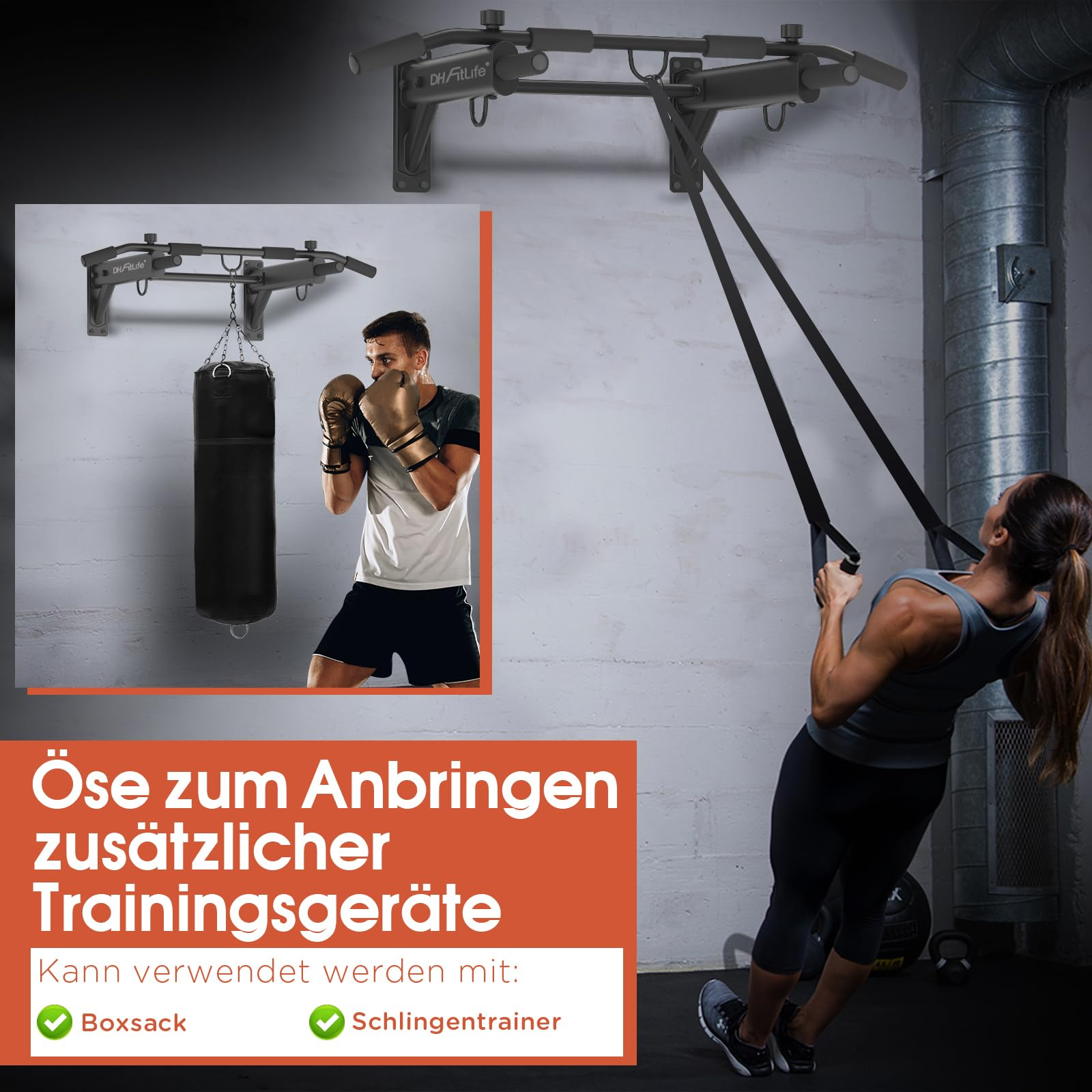 Wandmontierte Klimmzugstange für Boxsäcke und Schlingentrainer, genutzt von zwei Personen.