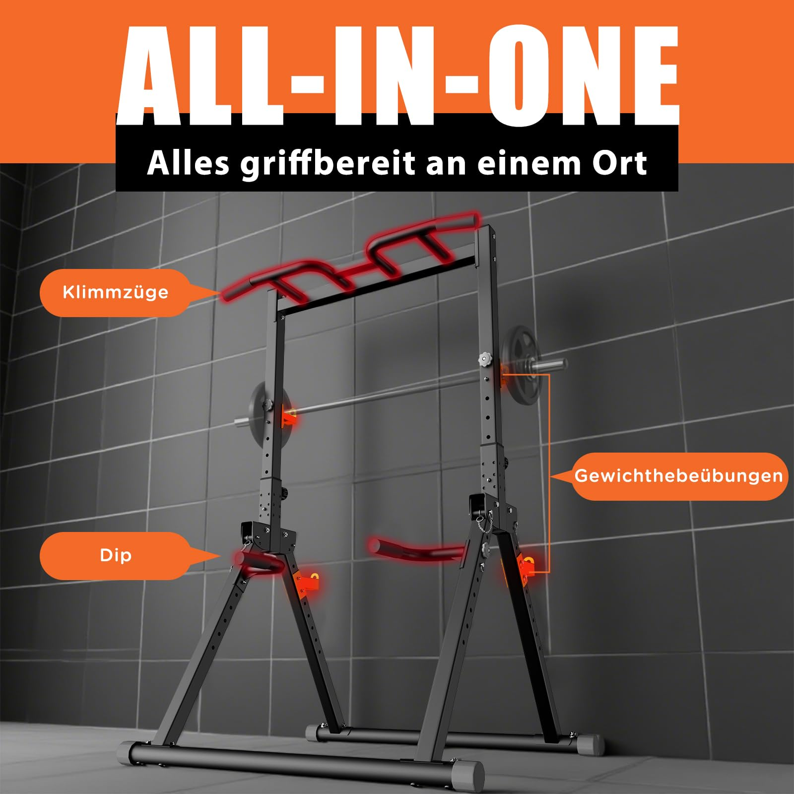 Fitnessstation mit Klimmzugstange, Dip-Griffen und Hantelablage vor grauen Fliesen.