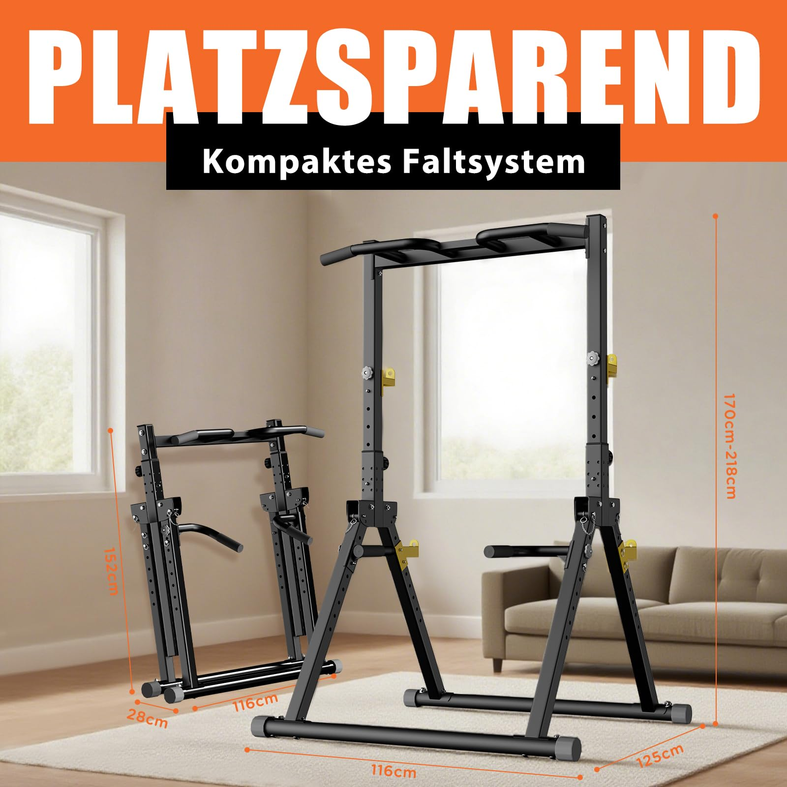 Ein schwarzes, faltbares FitnessgerA in einem Raum mit Maßangaben und Sofa im Hintergrund.