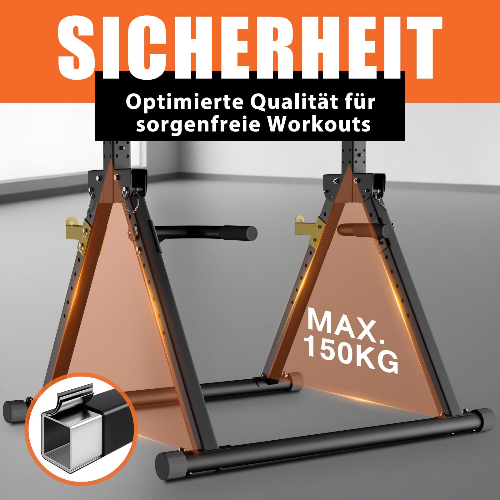 Stabiles Fitness-Gestell mit A-förmigen Streben, für ein Gewicht von bis zu 150 kg ausgelegt.