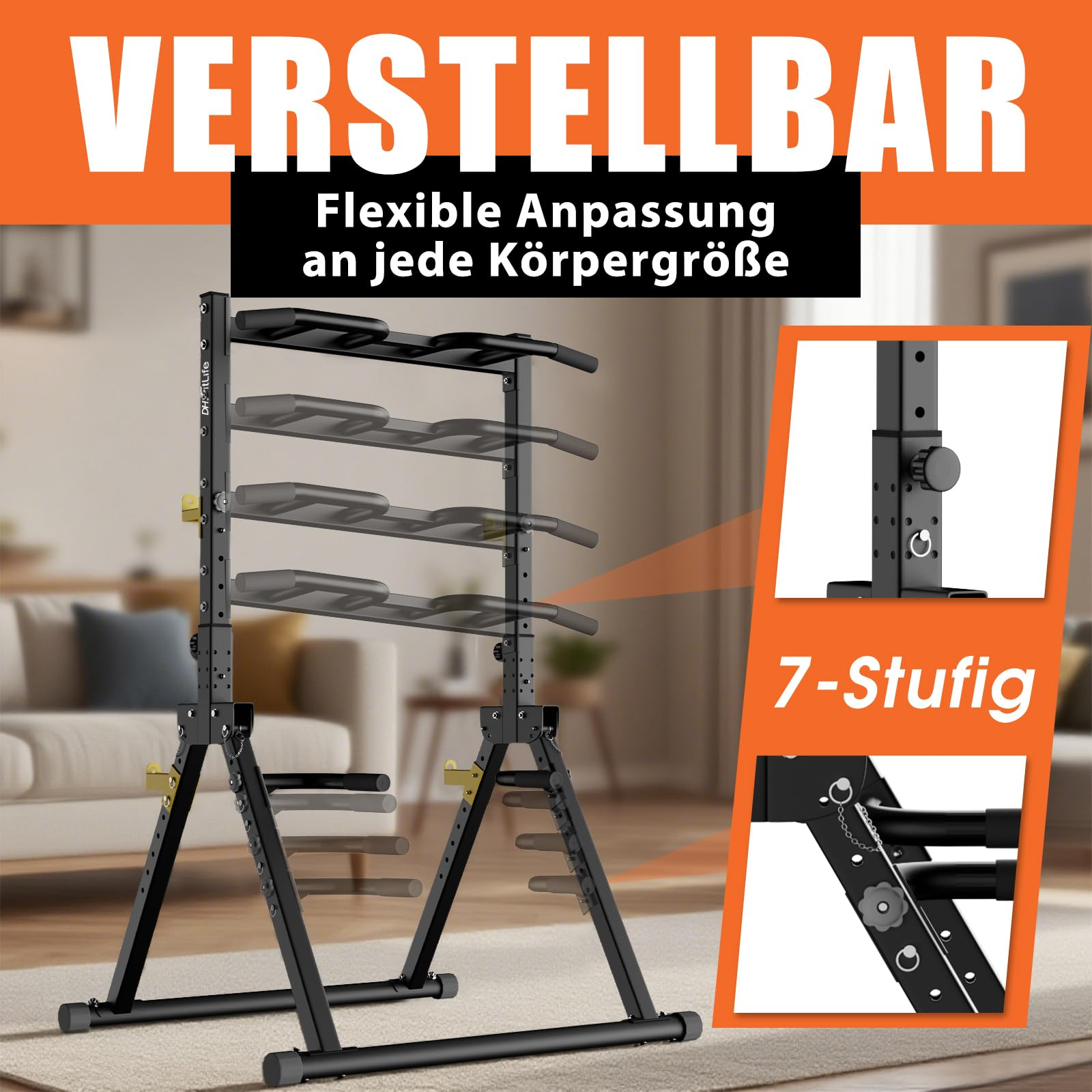 Verstellbare schwarze Klimmzugstange für verschiedene Körpergrößen, mit 7 Stufen.