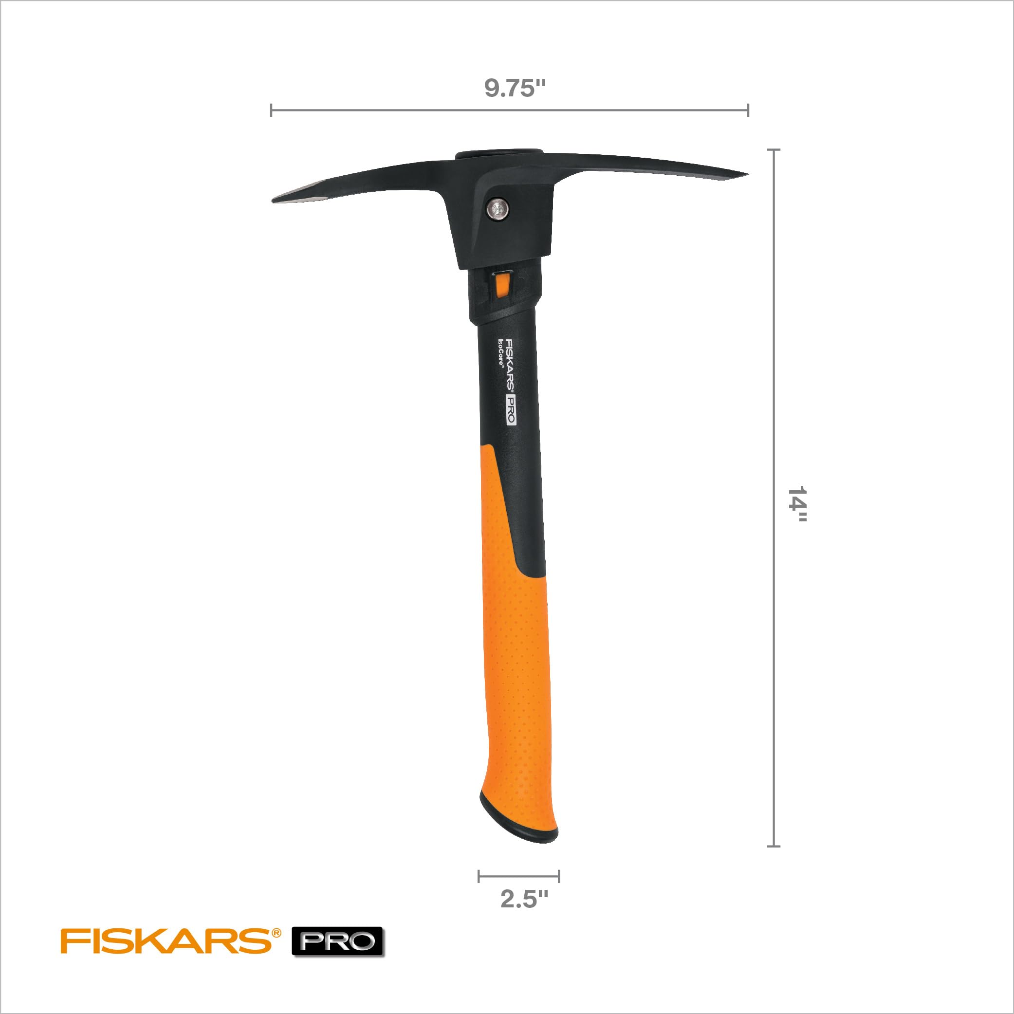 Fiskars Pro Pickaxe mit Maßen von 9.75 Zoll Breite und 14 Zoll Höhe auf weißem Hintergrund.