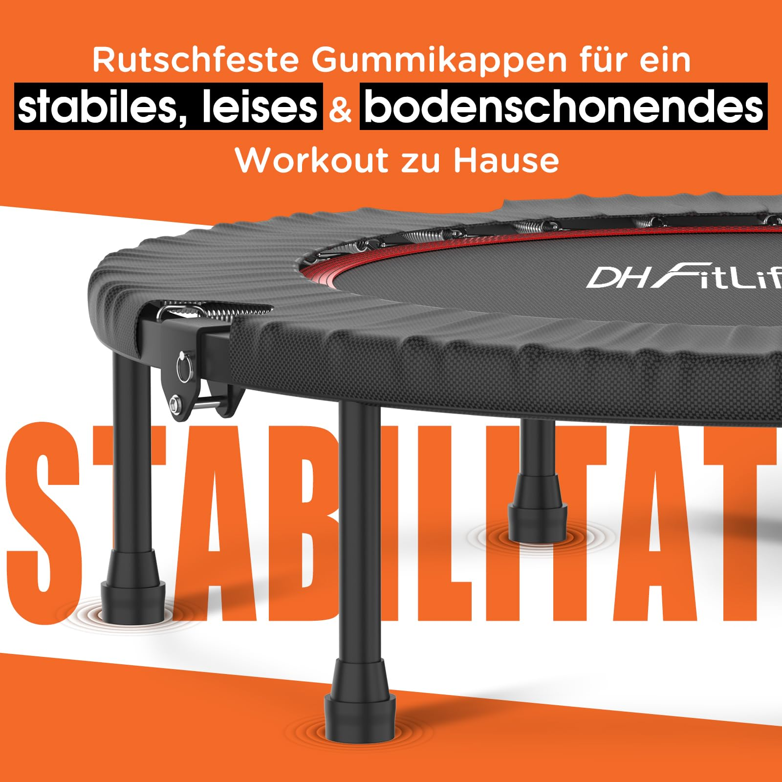 Ein Fitness-Trampolin mit schwarzen Beinen und rutschfesten Gummikappen vor orangem Hintergrund.