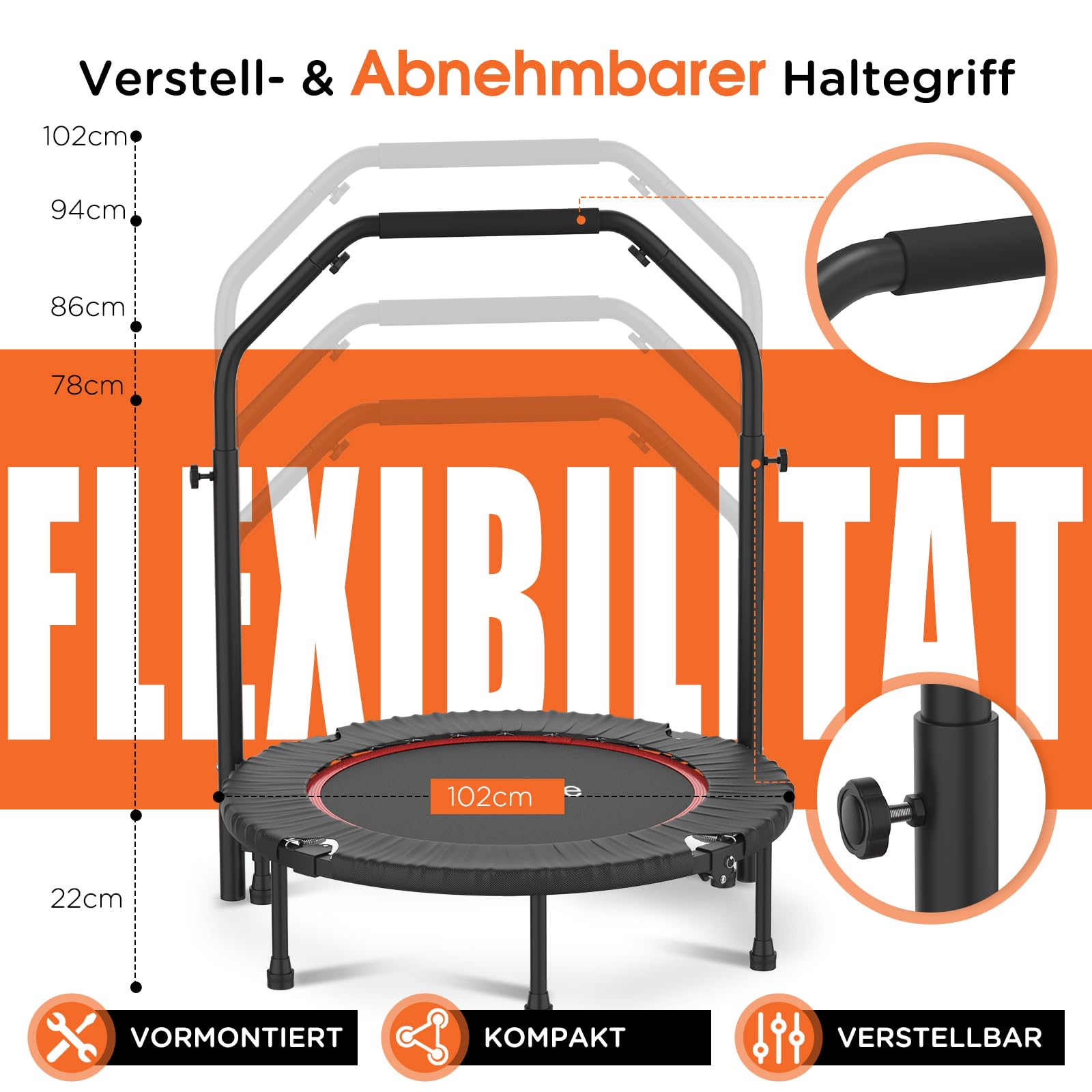 Ein kleines schwarzes Fitness-Trampolin mit höhenverstellbarem Haltegriff, Maßangaben und Funktions-Icons.