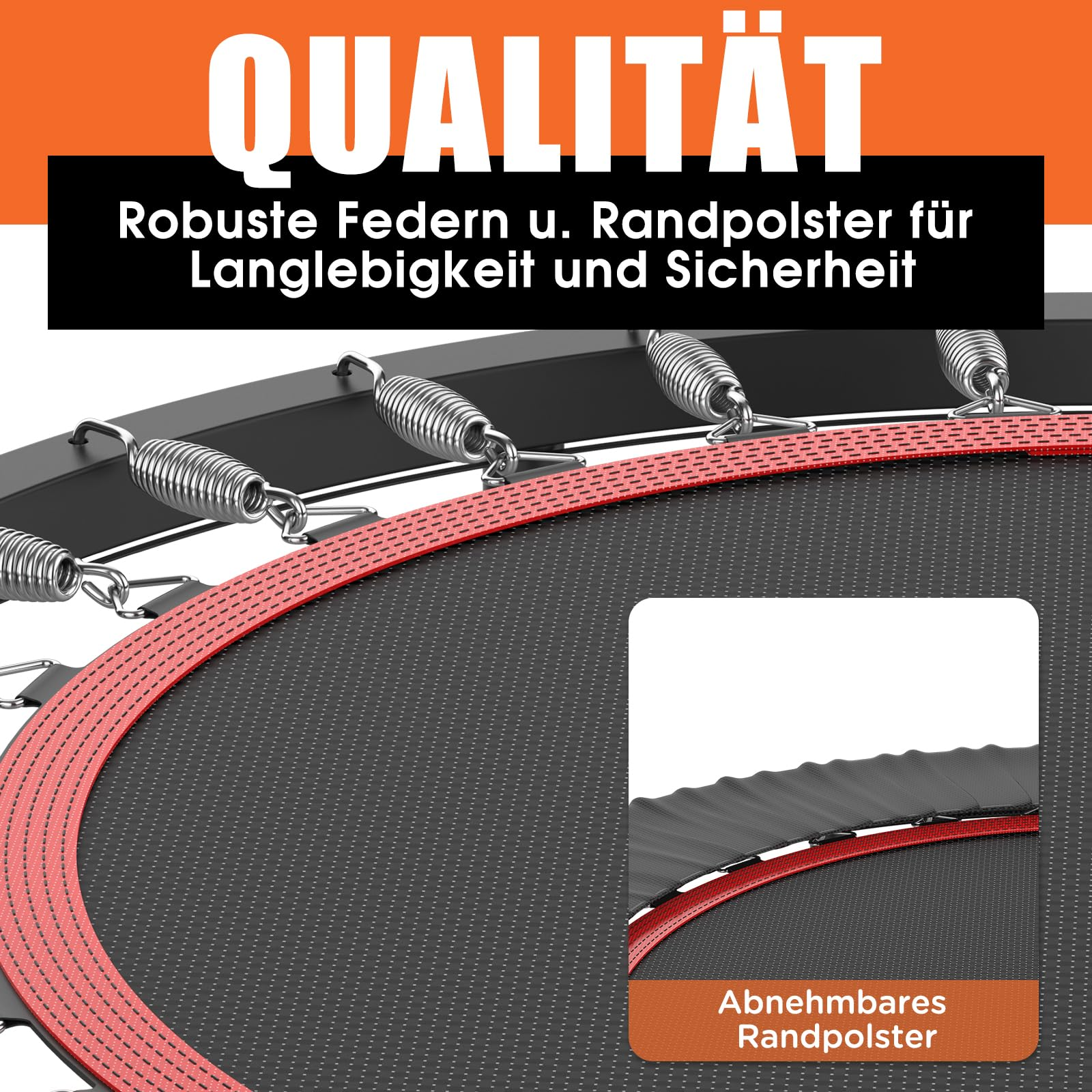 Nahaufnahme eines Trampolins mit stabilen Federn, rotem Rand und abnehmbarem Randpolster.