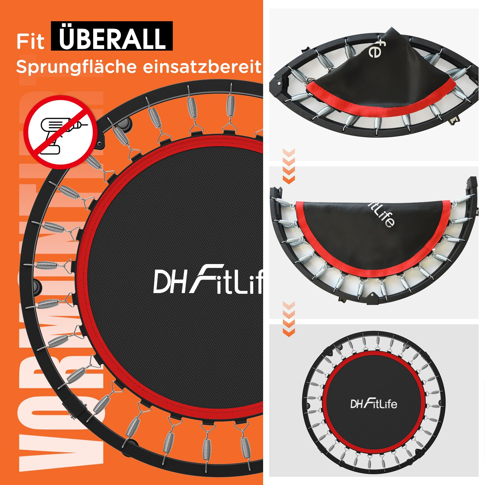 Ein Faltbares Fitness-Trampolin mit Federn wird in drei Schritten ausgeklappt gezeigt, mit Text auf Orange.