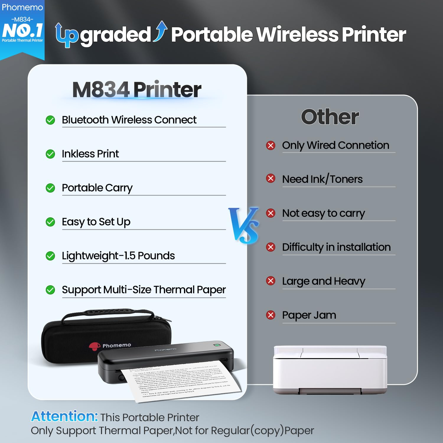 Tableau comparatif de l'imprimante M834 avec Bluetooth et impression sans encre face aux imprimantes standard.