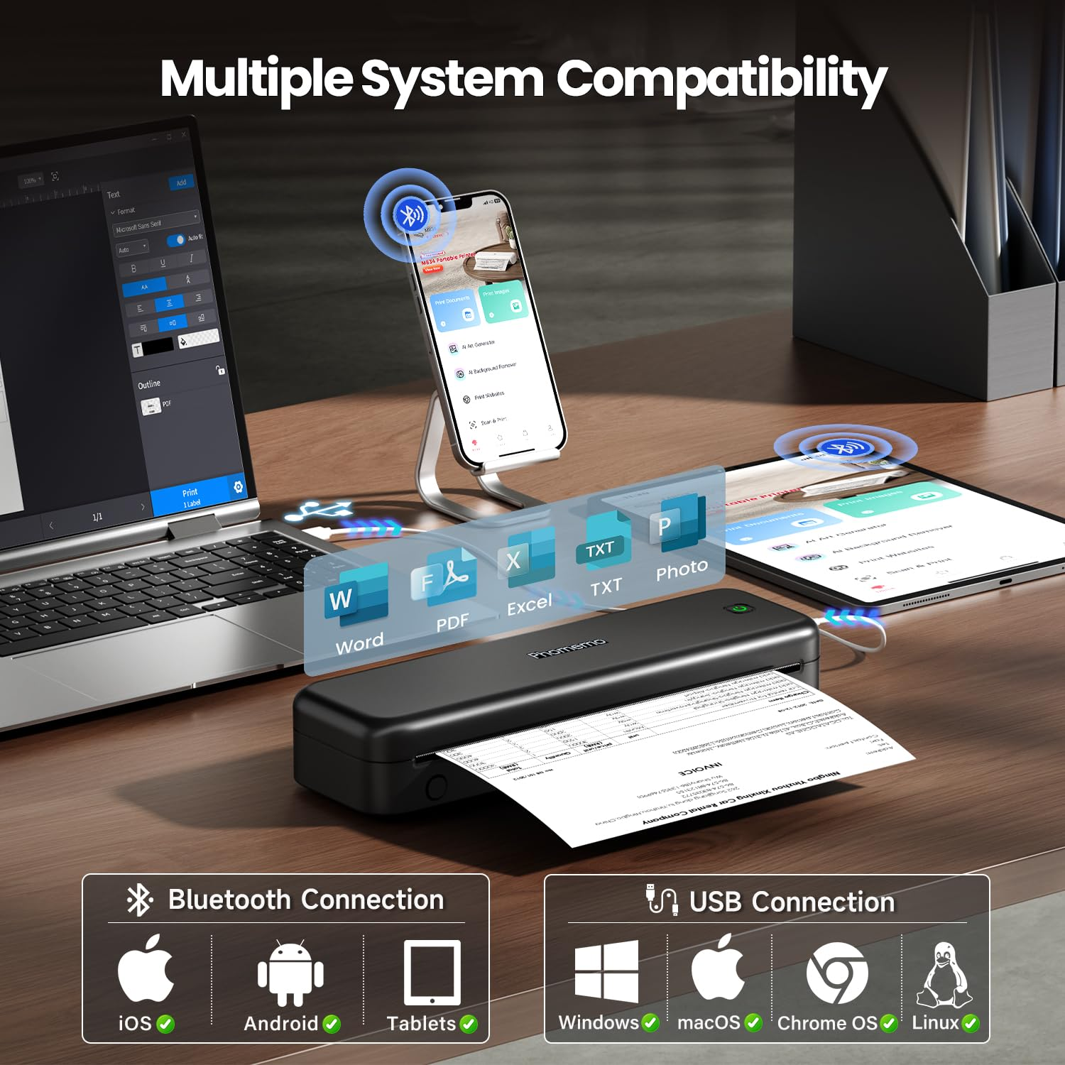 Une imprimante portable noire connectée à un ordinateur portable, un téléphone et une tablette.