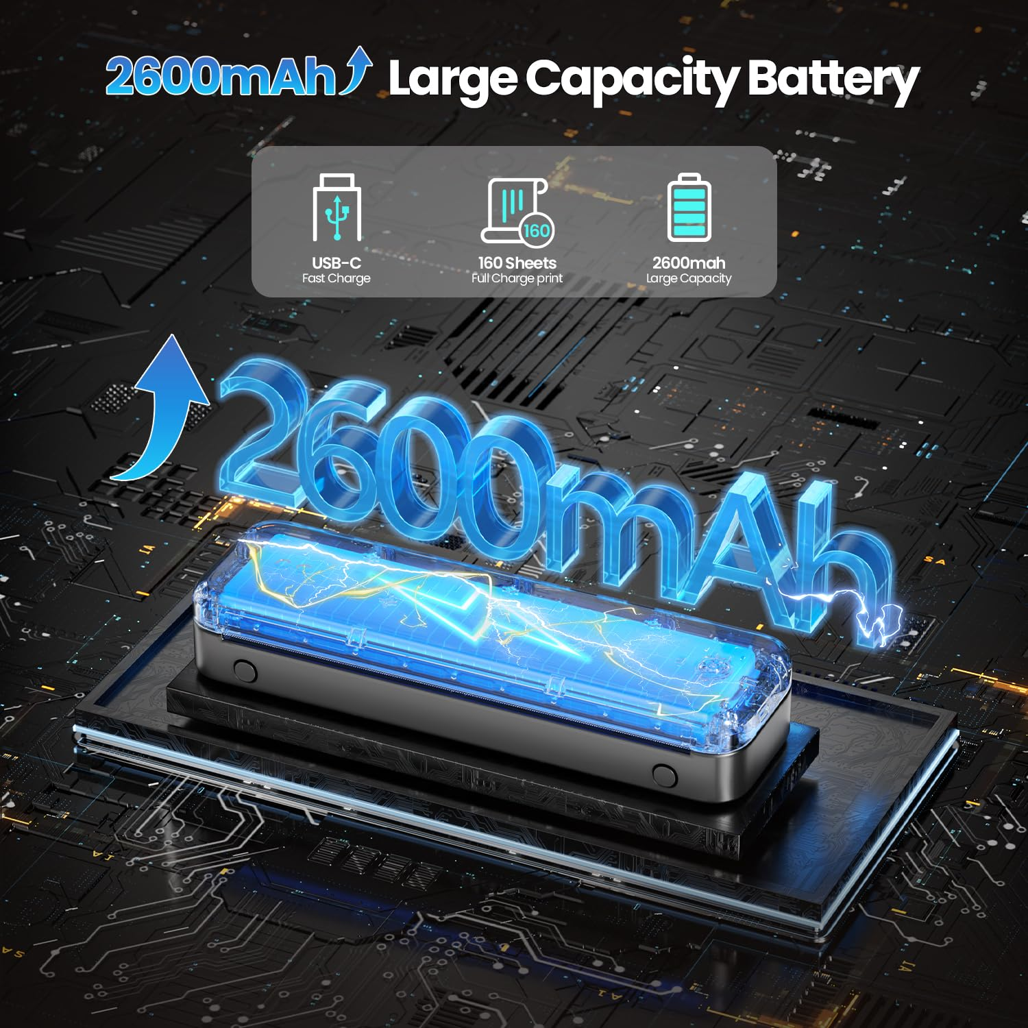 Image technique montrant une batterie de 2600mAh, un port USB-C et un circuit imprimé.