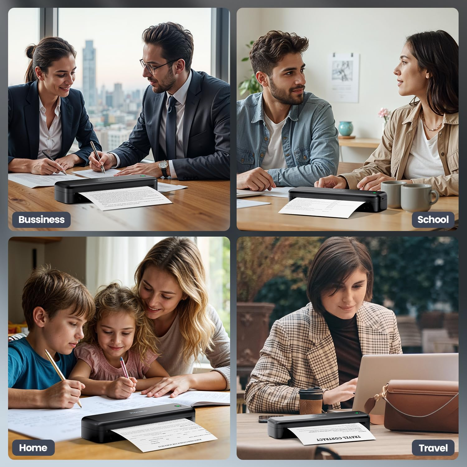 Quatre panneaux montrent des gens utilisant une imprimante portable au travail, à l'école, à la maison et en voyage.
