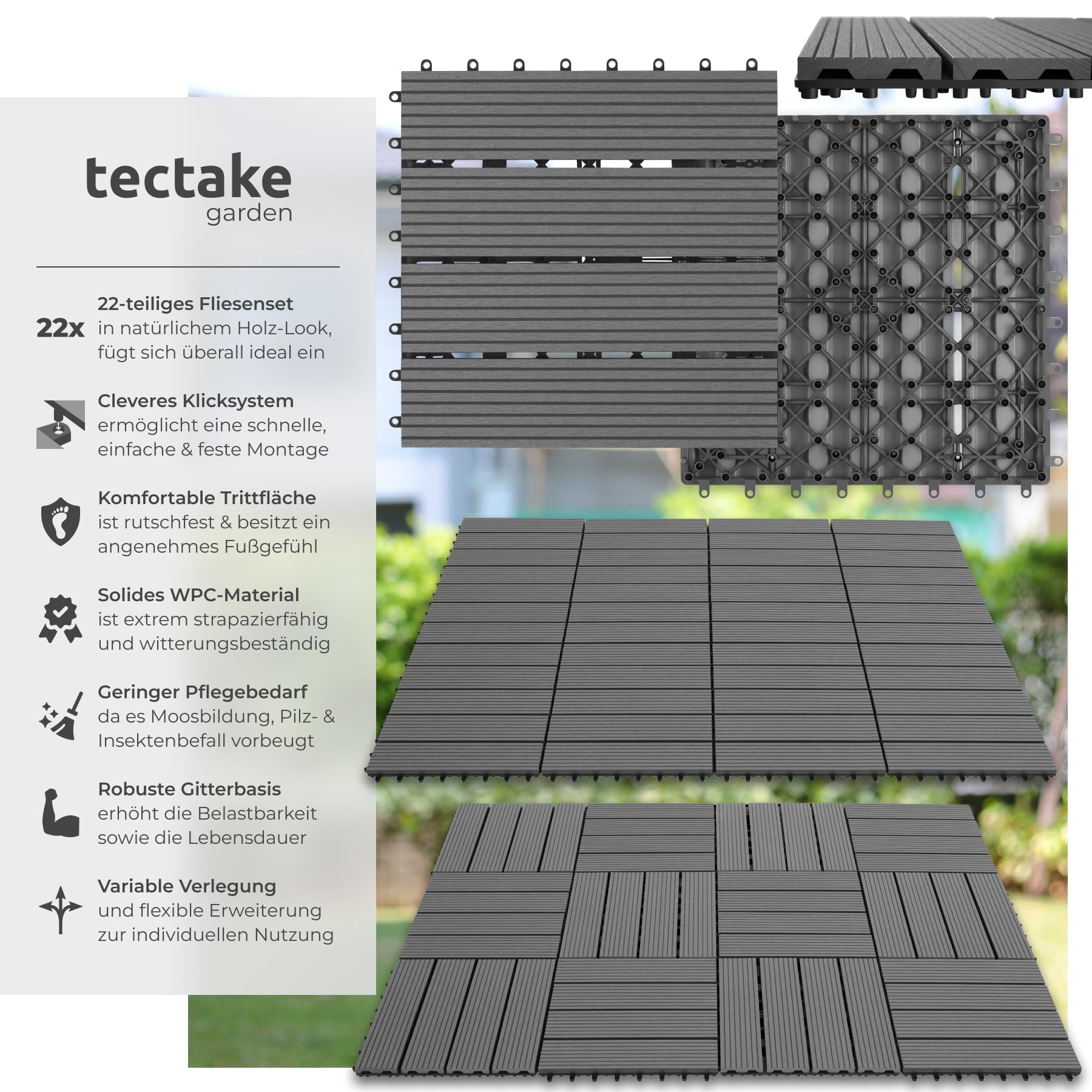 Carreaux WPC gris avec système de clic, sous-structure robuste et texte de description du produit à gauche.