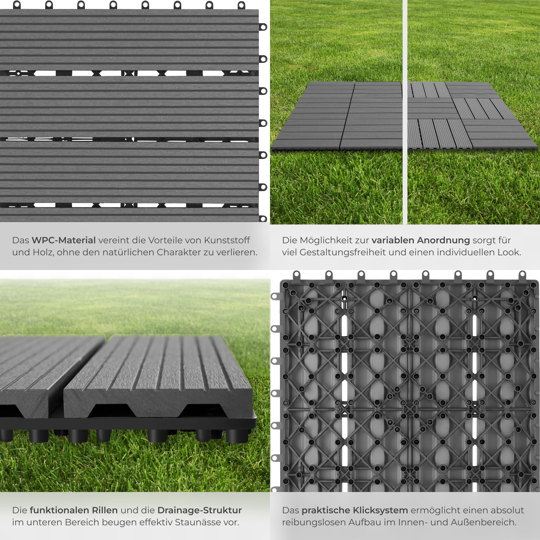 Carreaux WPC gris avec système de clic et drainage sur herbe.