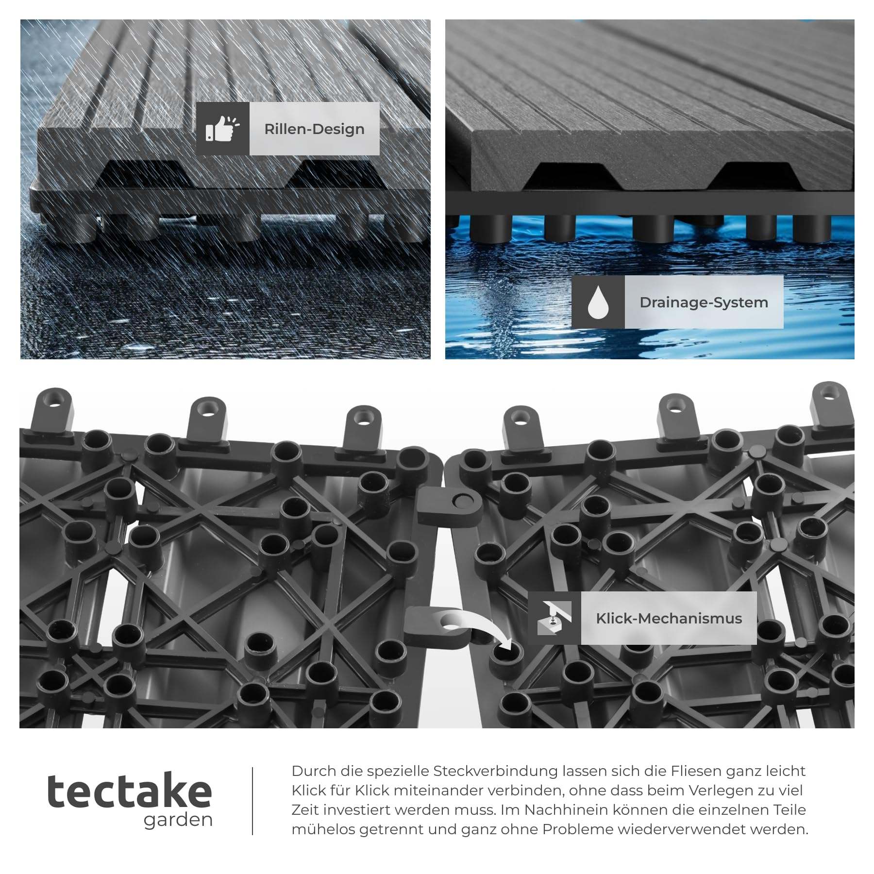 Dalles WPC avec design rainuré, drainage et système de clic facile par tectake garden.