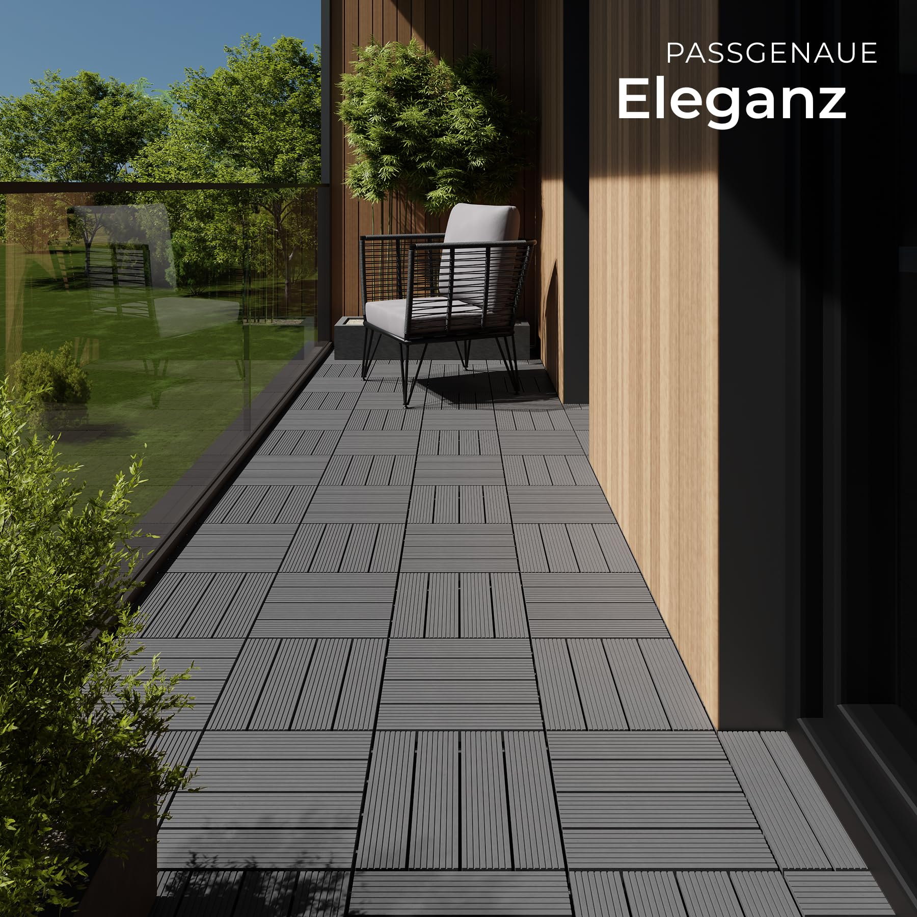 Balcon moderne avec carreaux en bois gris, fauteuil noir, mur en bois et garde-corps en verre.