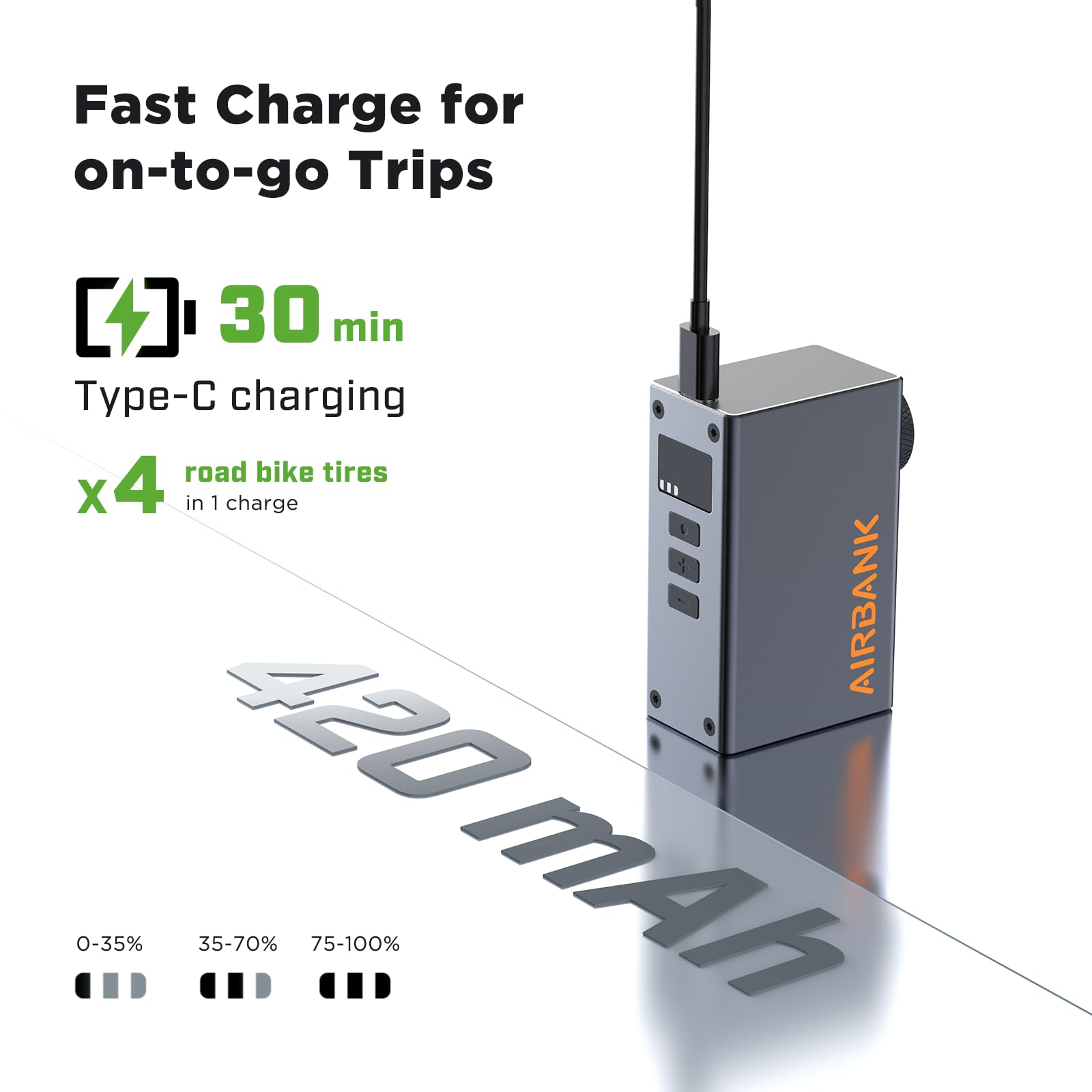 Pompe portable Airbank grise sur surface réfléchissante avec câble USB-C et texte sur le temps de charge et la capacité.
