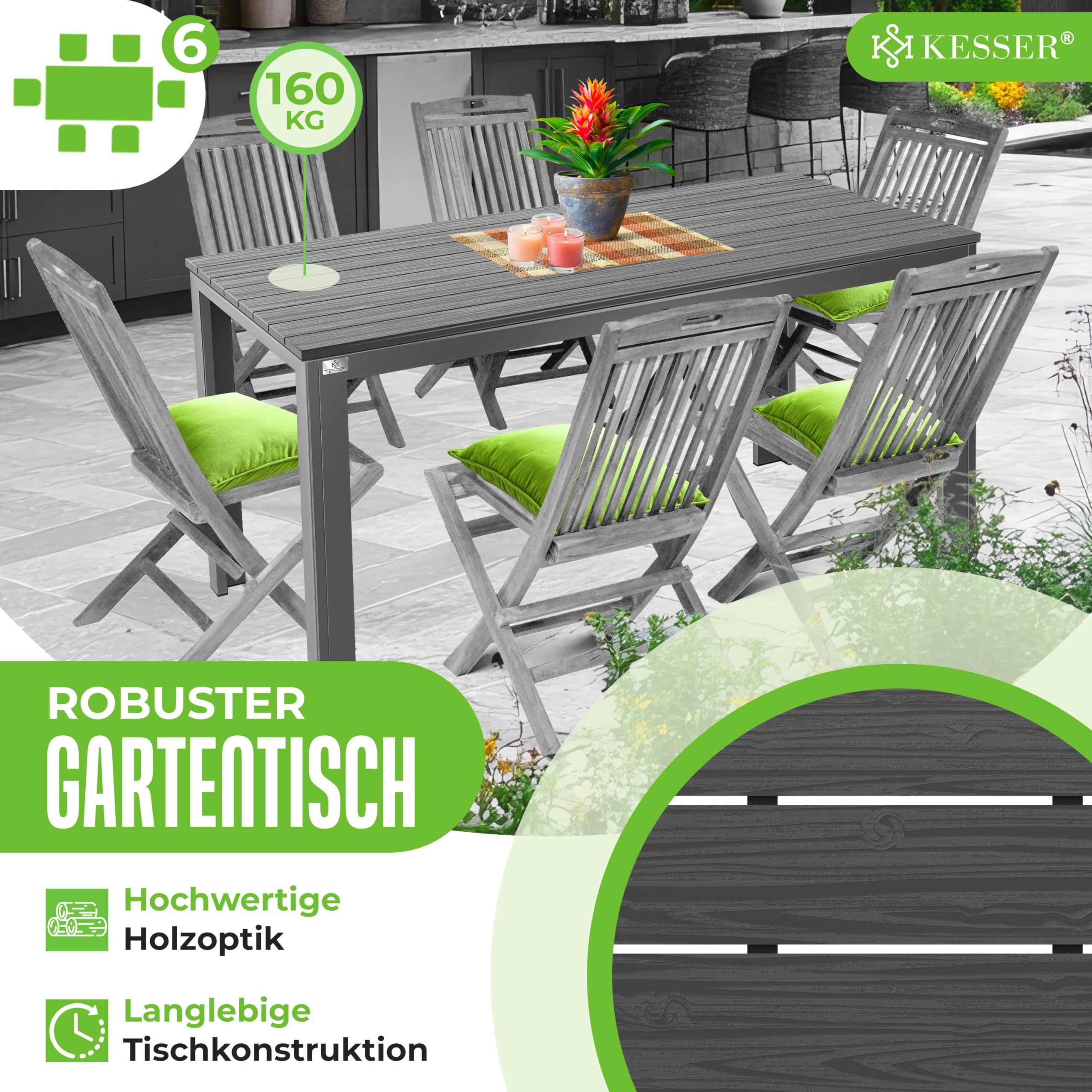 Grauer Gartentisch mit sechs Holzoptik-Stühlen und grünen Sitzkissen auf einer Terrasse.