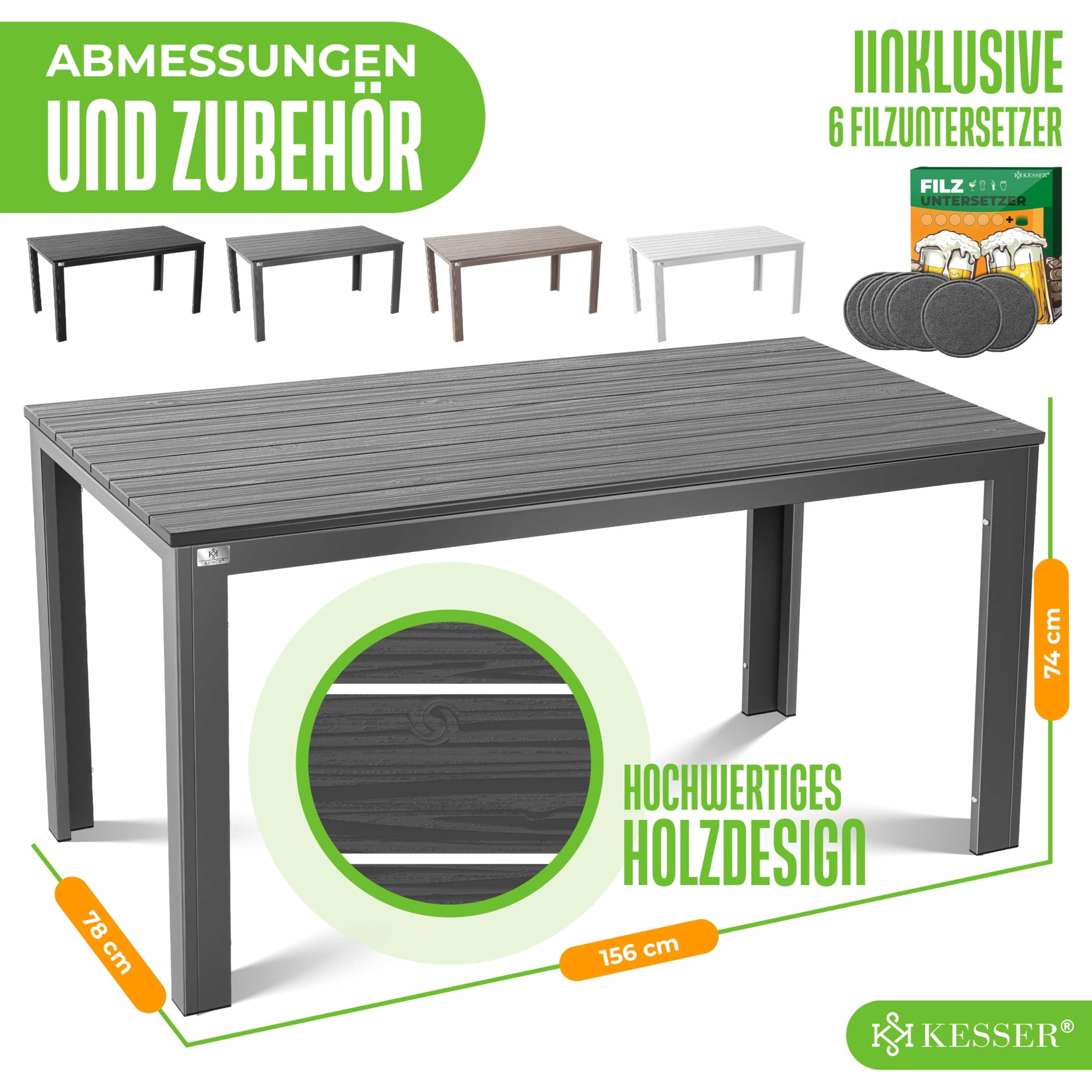 Grauer Gartentisch mit Maßen, Holzdesign und sechs gratis Filzuntersetzern.
