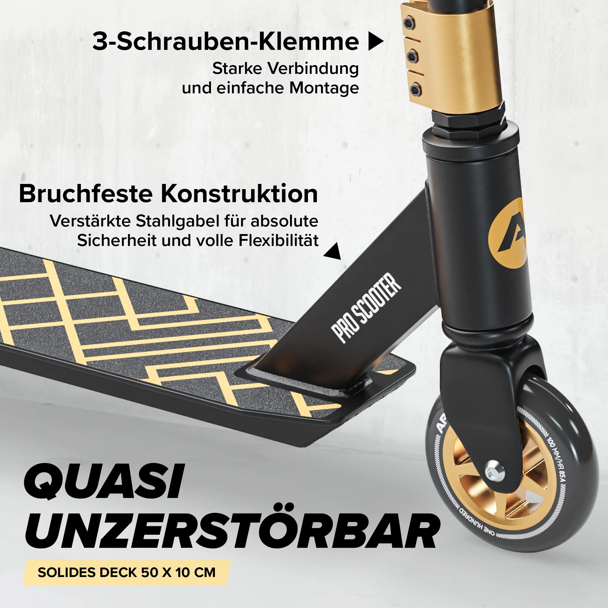 Primo piano di uno stunt scooter nero con dettagli dorati, testo e spiegazioni sull'immagine.