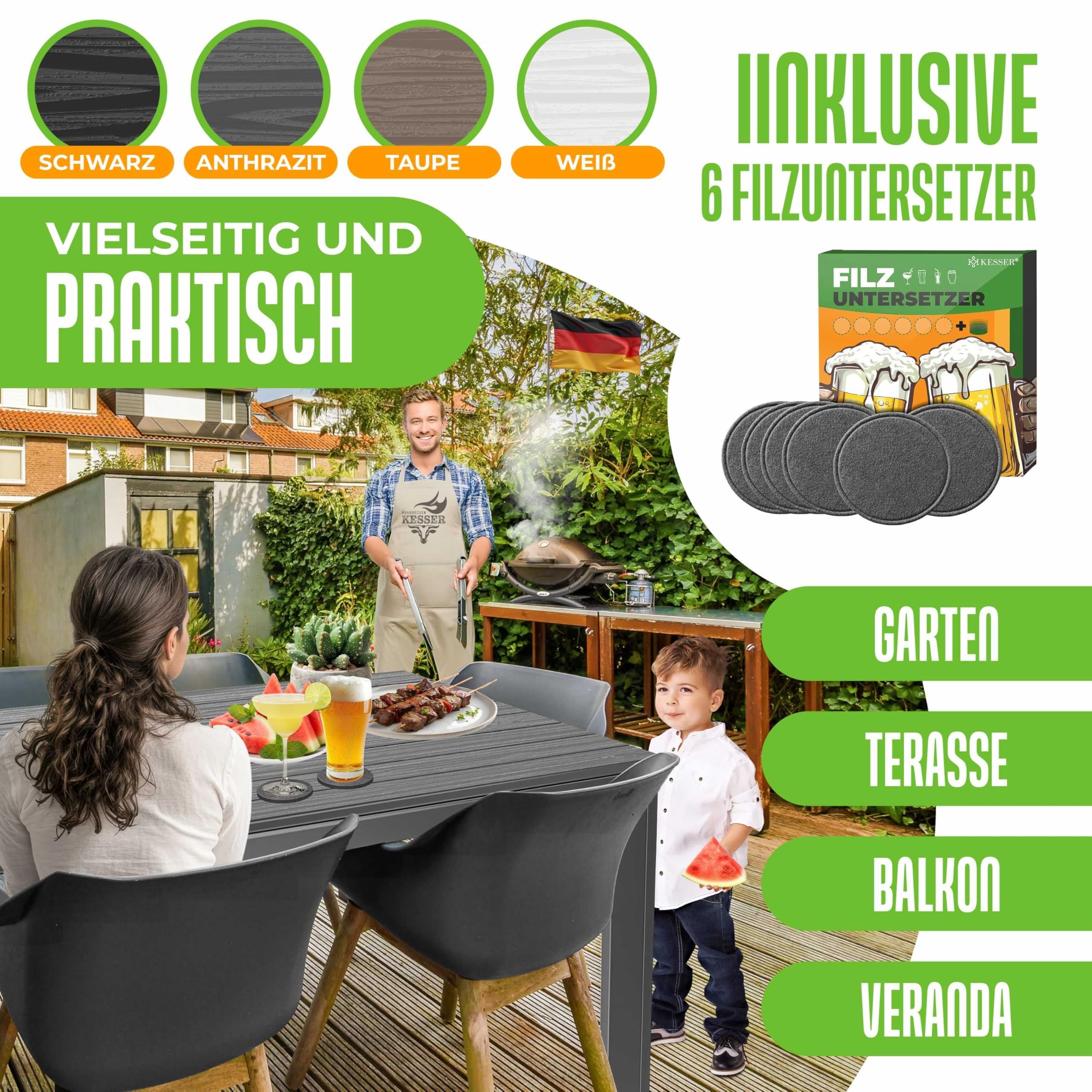 Werbebild für Filzuntersetzer im Garten mit Familie, Grill und Getränken.