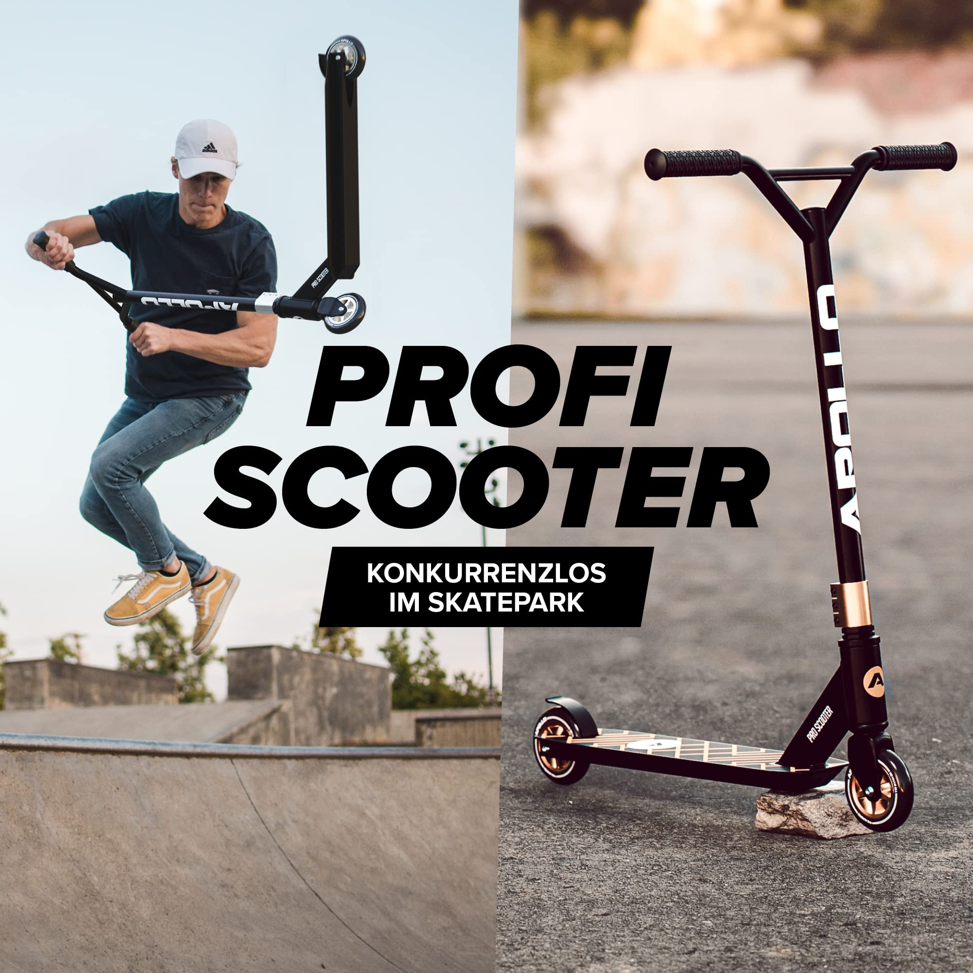 Un uomo salta con un monopattino freestyle nero Apollo in uno skatepark, mostrato a destra.