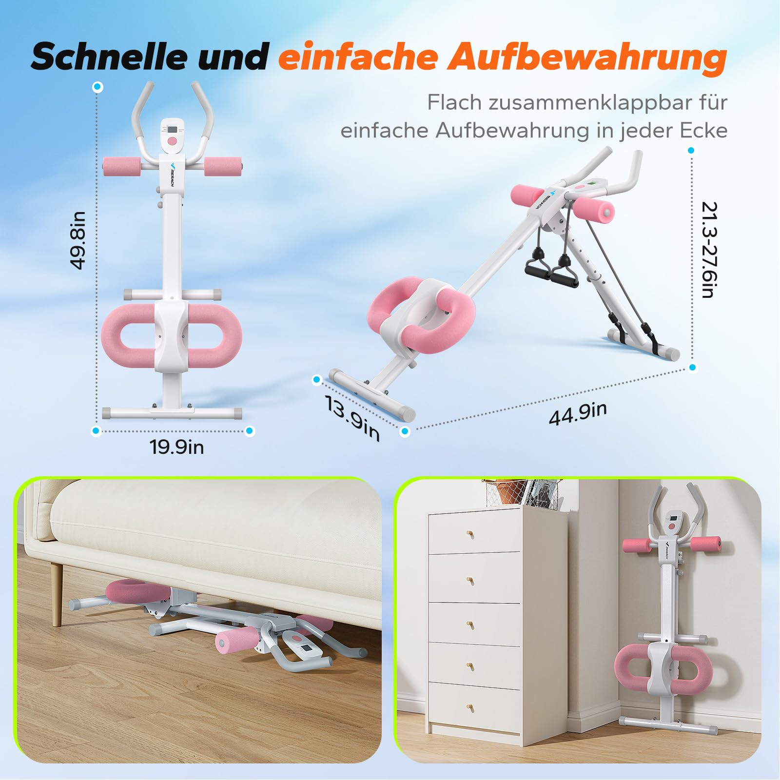 Weiß-rosa Fitnessgerät mit Maßen, zusammengeklappt unter einem Bett und aufgestellt an einer Wand.
