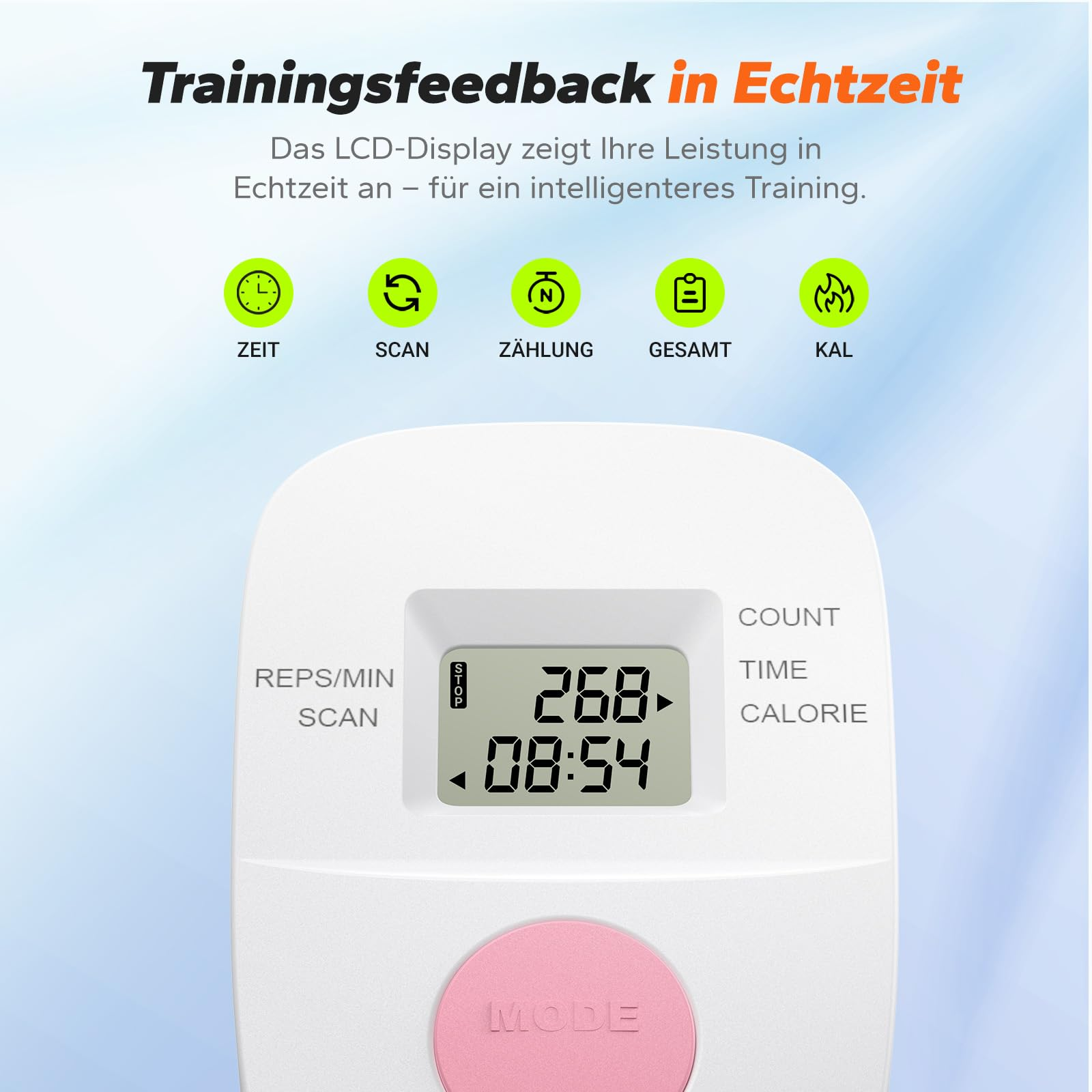 Ein weißer Fitnessmonitor mit LCD-Bildschirm und einem rosa Modus-Knopf unten.