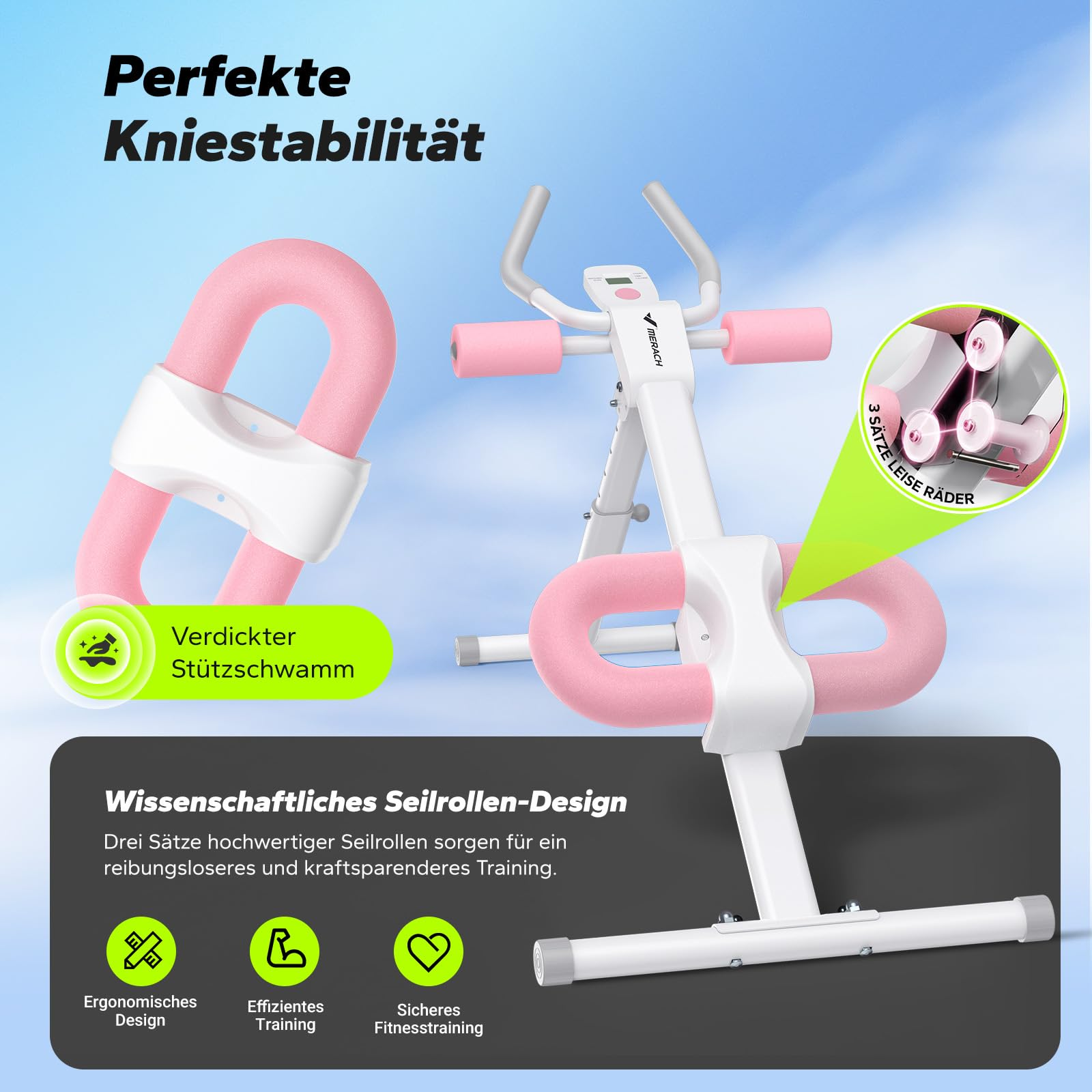 Weißes Kniebeugengerät mit pinken Polstern und Rollen vor blauem Himmel, mit Text und Infografiken.