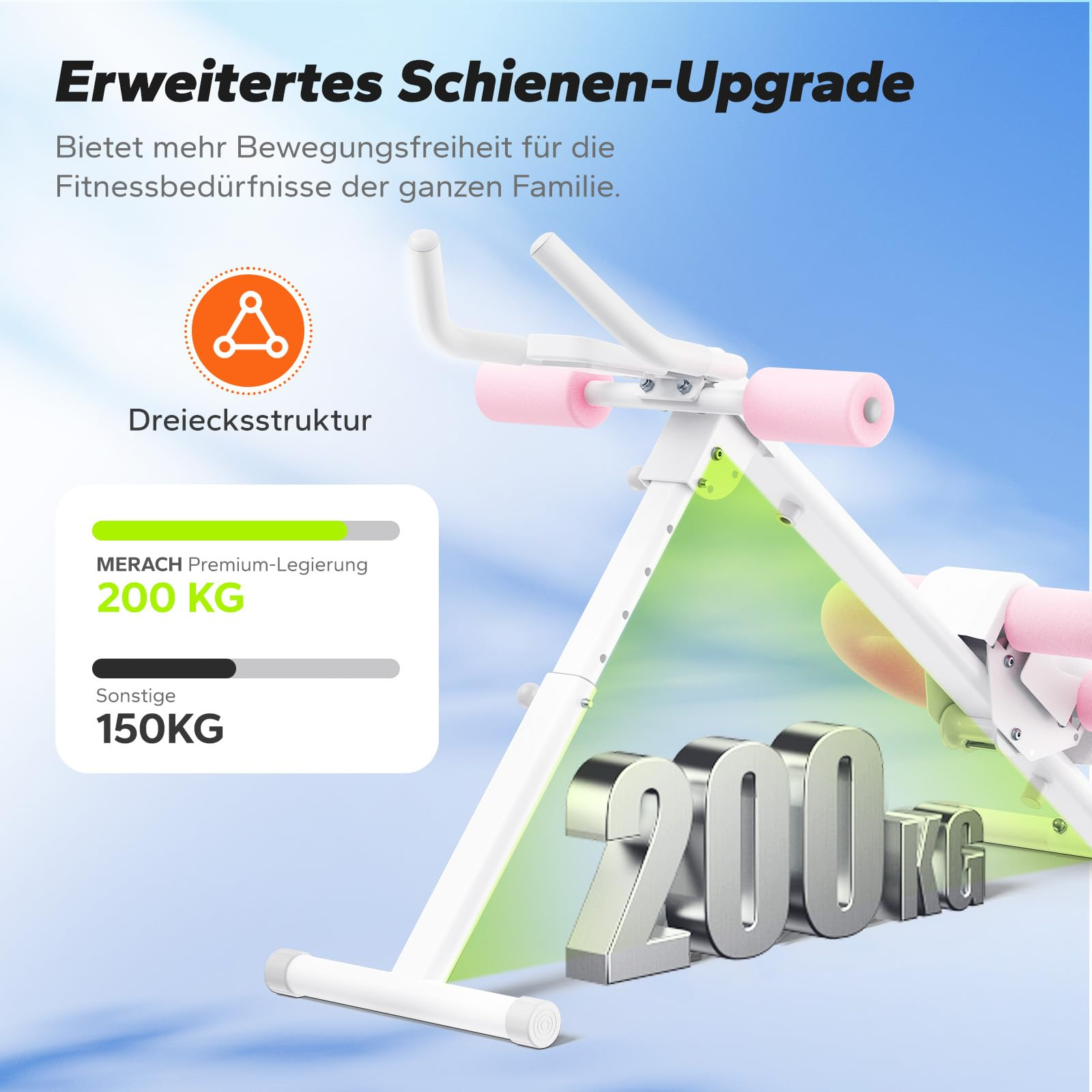 Fitnessgerät mit Dreiecksstruktur und 200 kg Tragkraft auf blauem Hintergrund.