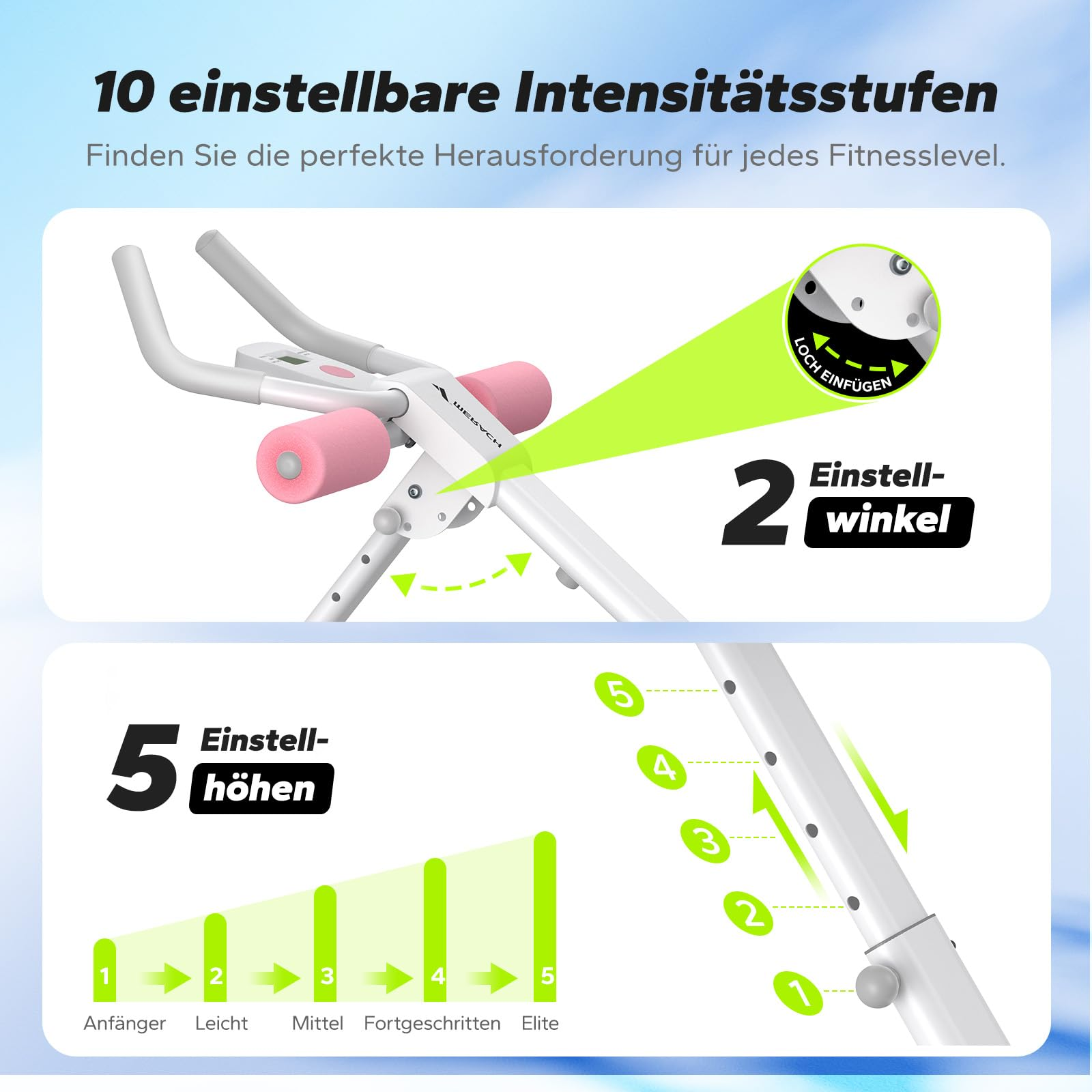 Fitnessgerät mit zehn Intensitätsstufen, zwei Einstellwinkeln und fünf Höhen.