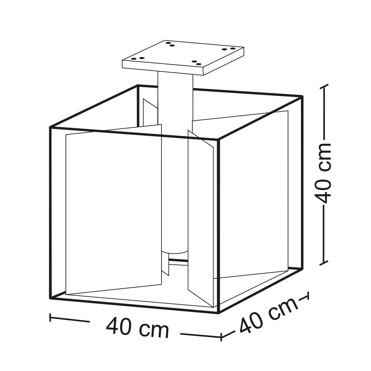 Technische Zeichnung einer quadratischen Deckenleuchte mit 40 cm Kantenlänge.