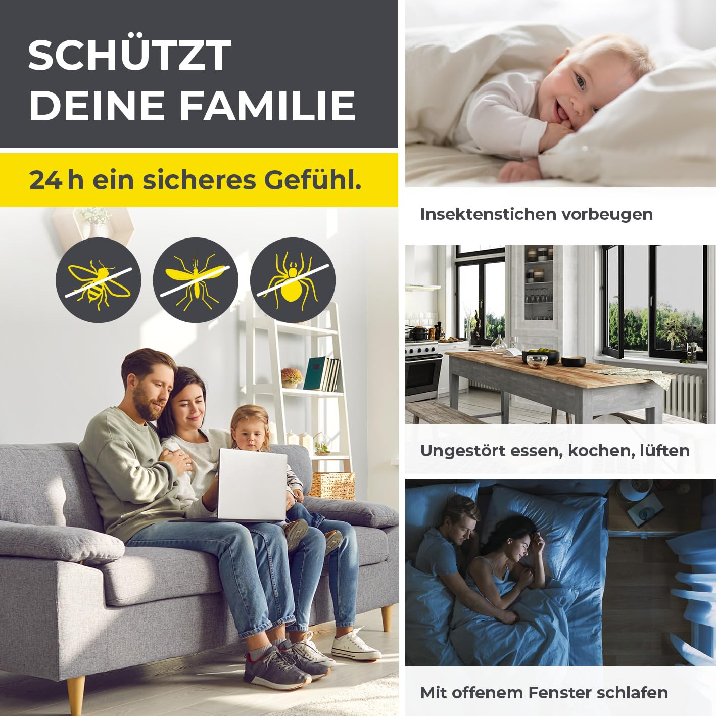 Eine Familie mit Laptop auf dem Sofa, plus Bilder von einem Baby, einer Küche und schlafenden Personen.