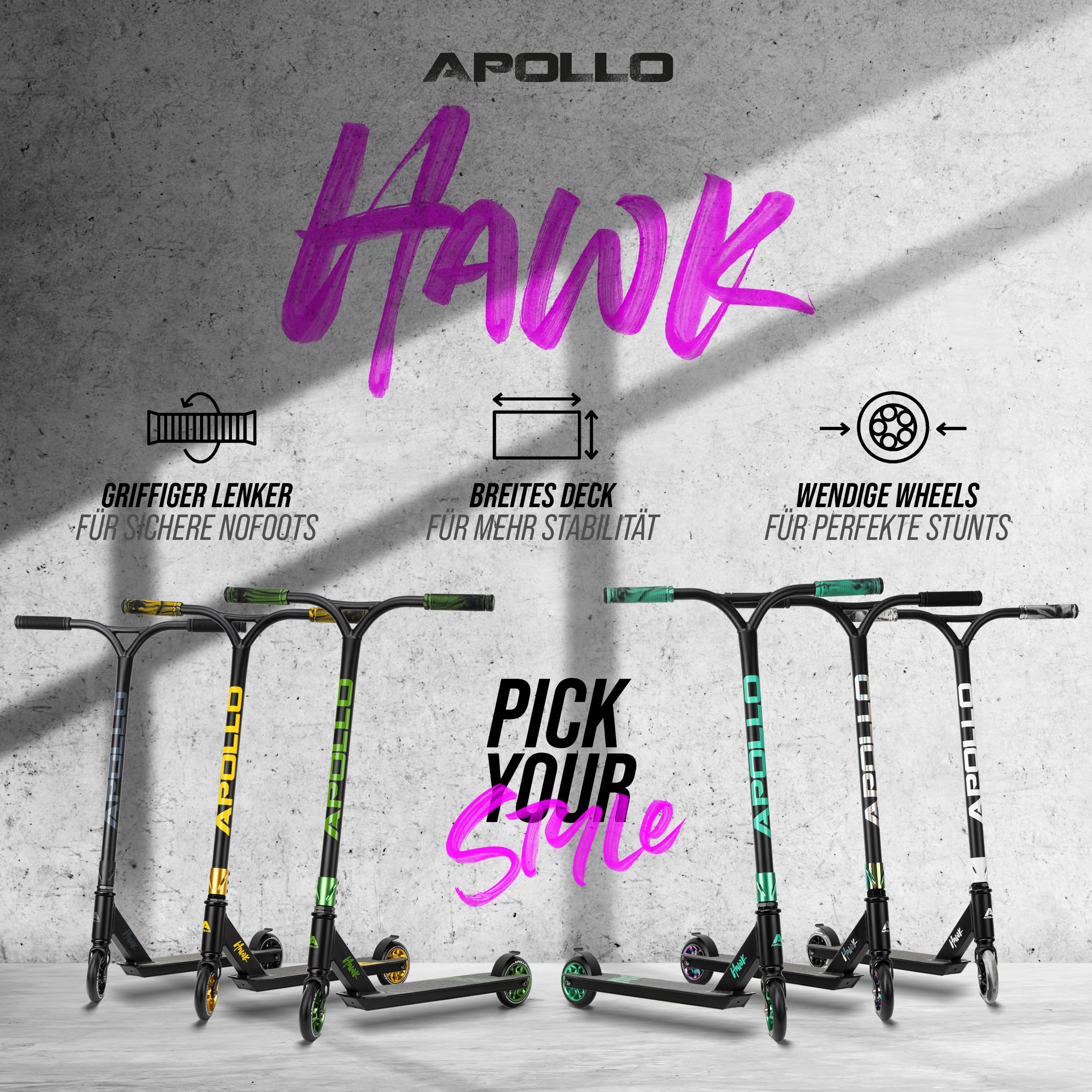 Sei monopattini freestyle Apollo Hawk di vari colori davanti a un muro di cemento grigio con testo.