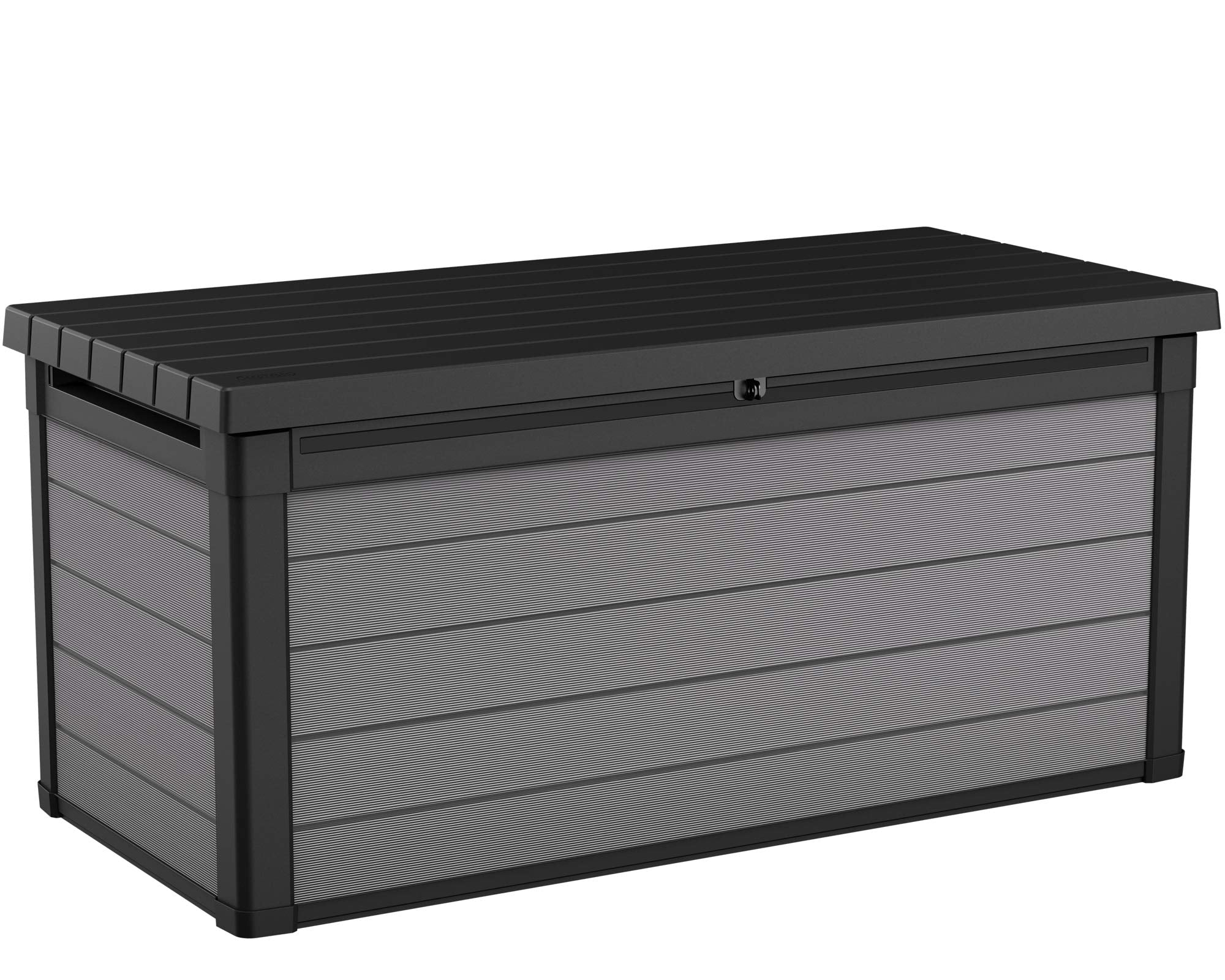 Eine schwarze und graue Kunststoff-Aufbewahrungsbox mit geripptem Design und Schloss auf weißem Hintergrund.