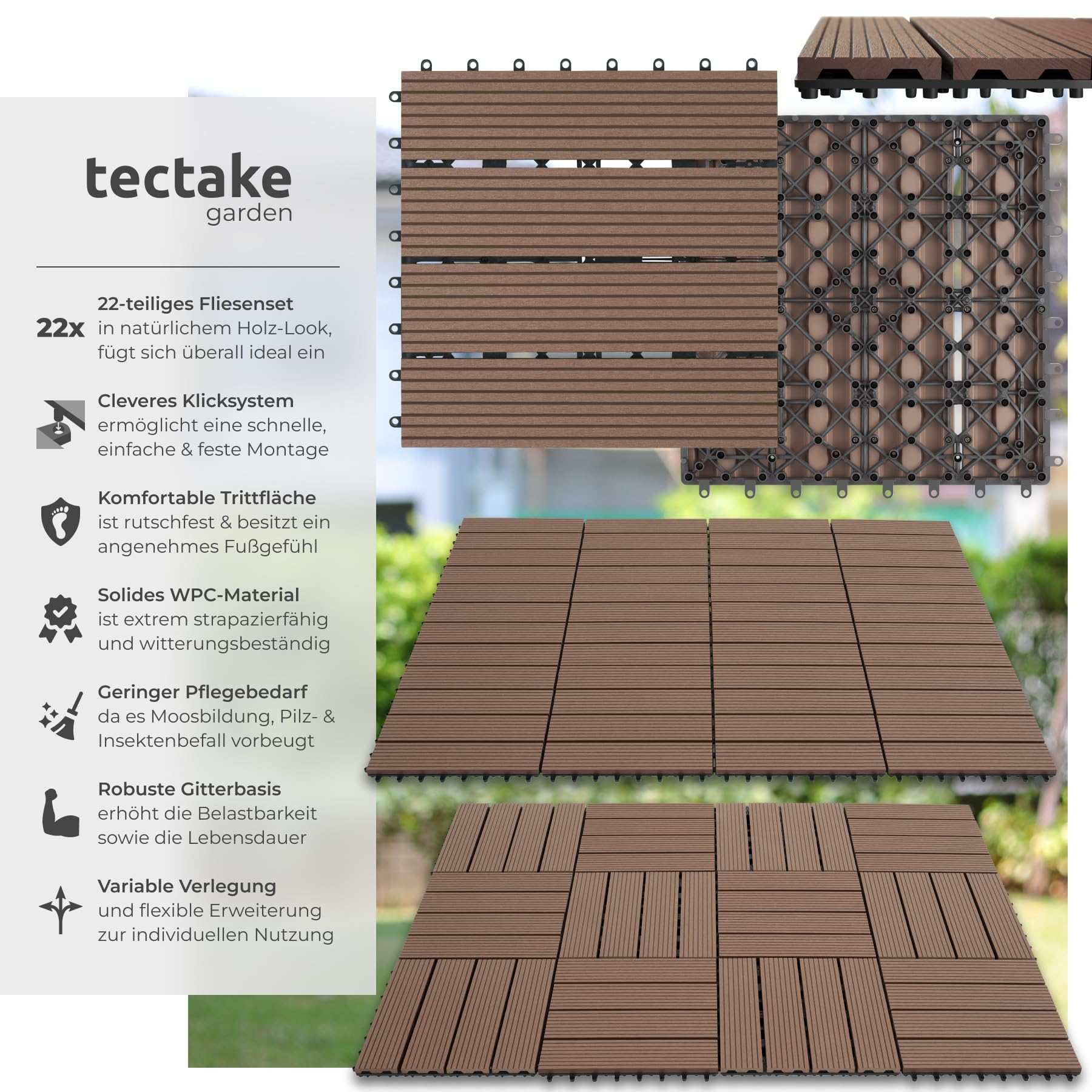 Dalles de jardin en WPC marron avec système clipsable.