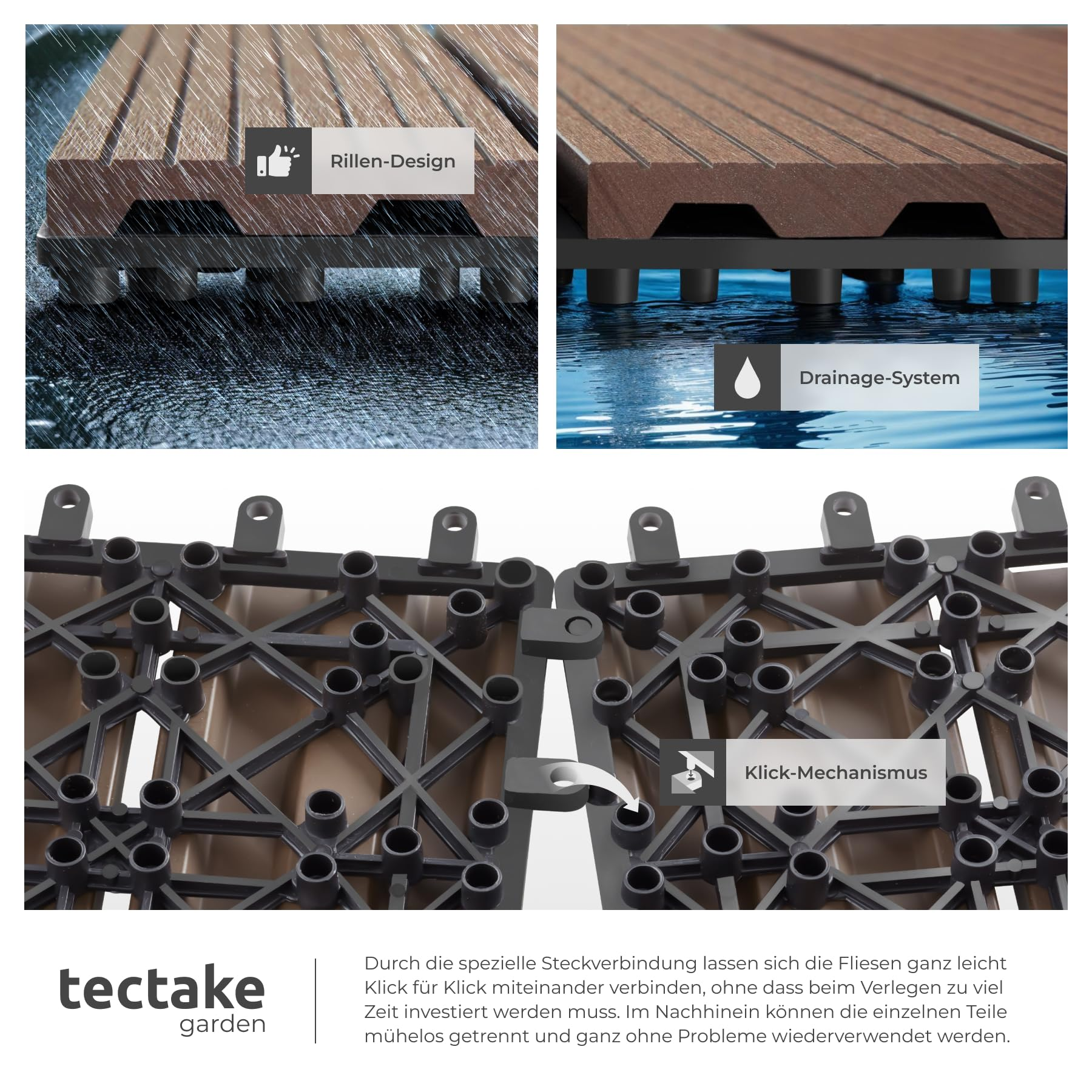 Dalles WPC avec design rainuré, drainage et système clipsable de tectake.