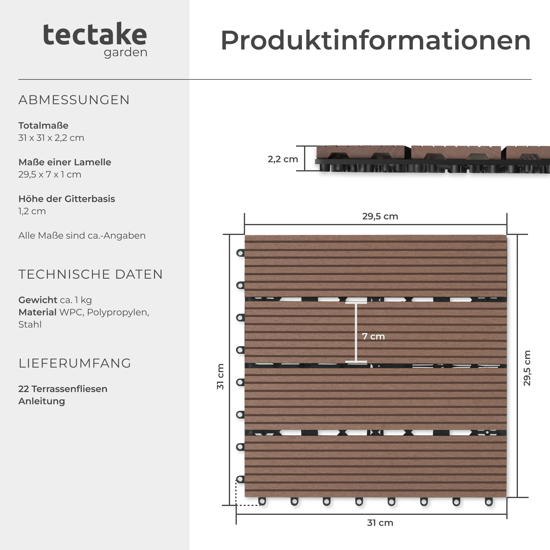 Informations sur le produit et mesures techniques d'une dalle de terrasse WPC tectake avec dimensions exactes.
