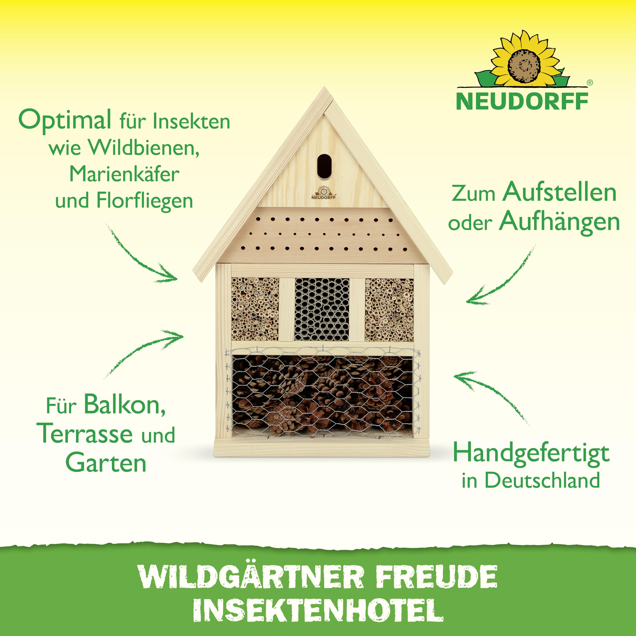 Un hôtel à insectes en bois avec différents compartiments pour abeilles sauvages, coccinelles et chrysopes sur fond clair.