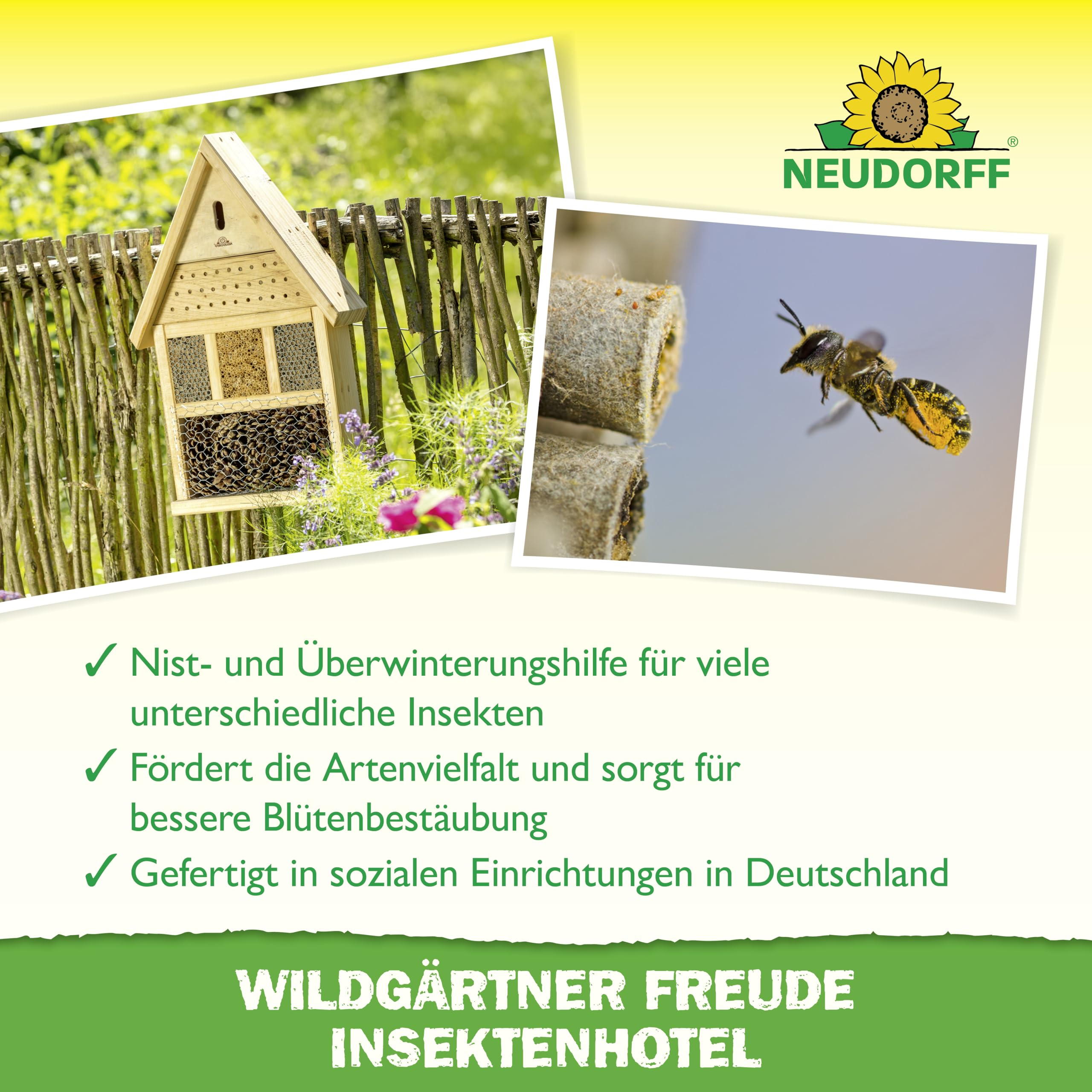 Hôtel à insectes avec abeille, clôture en bois et texte sur fond jaune avec logo Neudorff.