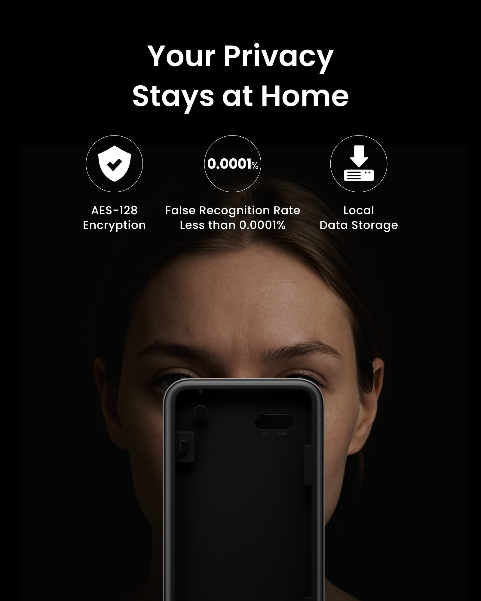 Eine Frau hält ein schwarzes Smartphone vor ihr Gesicht, mit Datenschutz-Icons und Text oben.