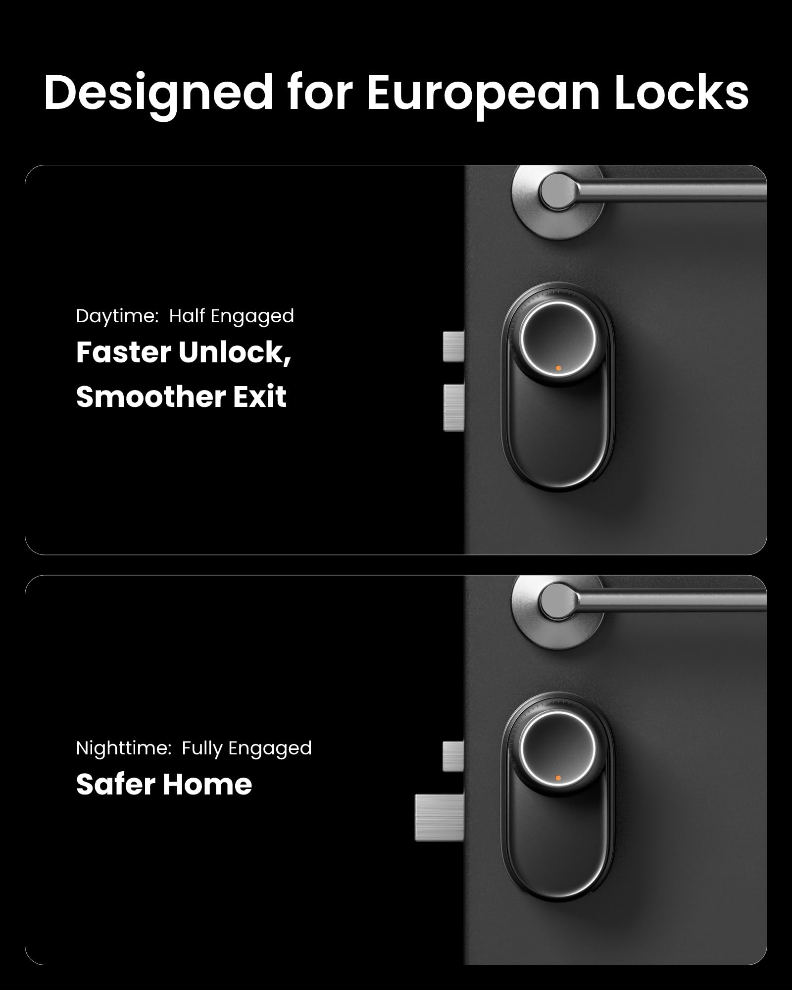 Smart lock for European doors showing daytime half-engaged and nighttime fully engaged modes.