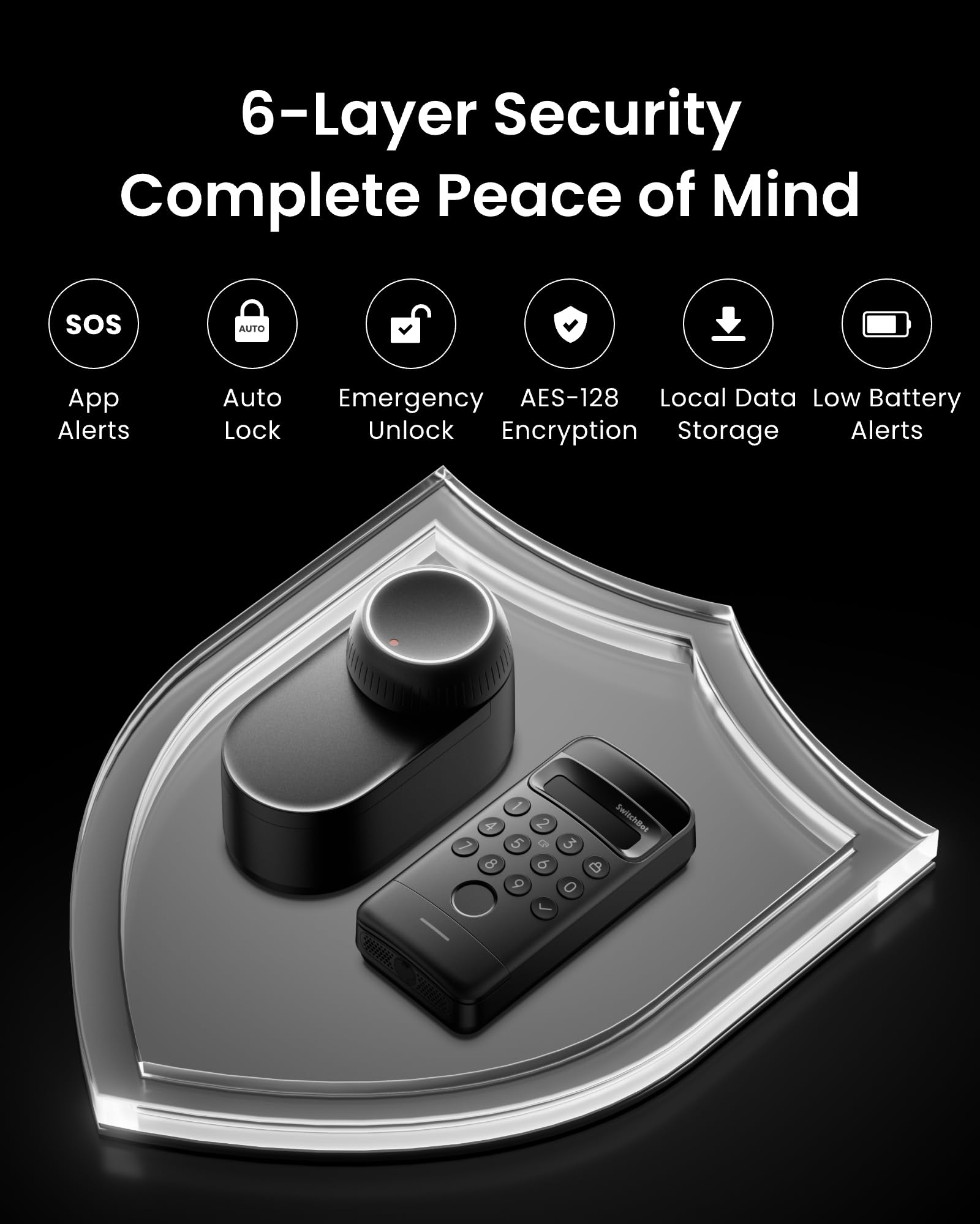 Ein Smart-Schloss und Keypad liegen auf einem Glasschild mit sechs Sicherheitsfunktionen.