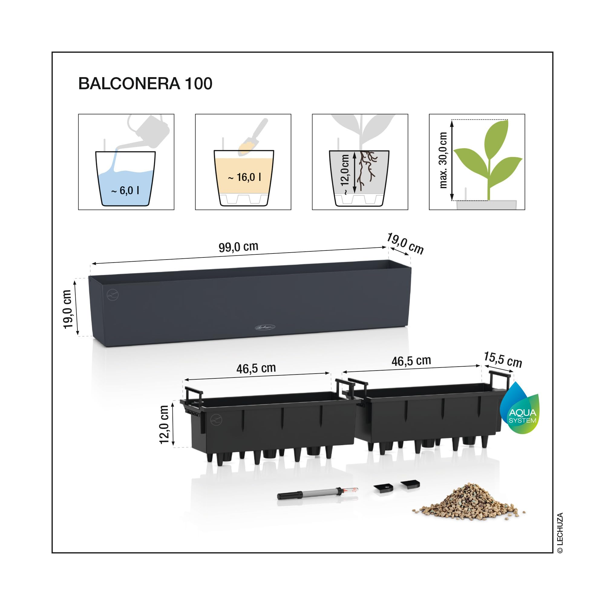 Schéma technique indiquant les dimensions et étapes de plantation pour la jardinière Balconera 100.