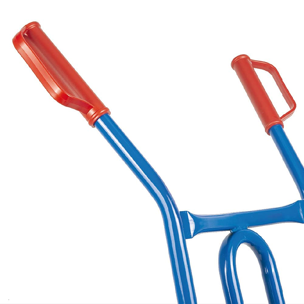 Blaue Handkarrengriffe mit roten Kunststoffgriffen auf weißem Grund.