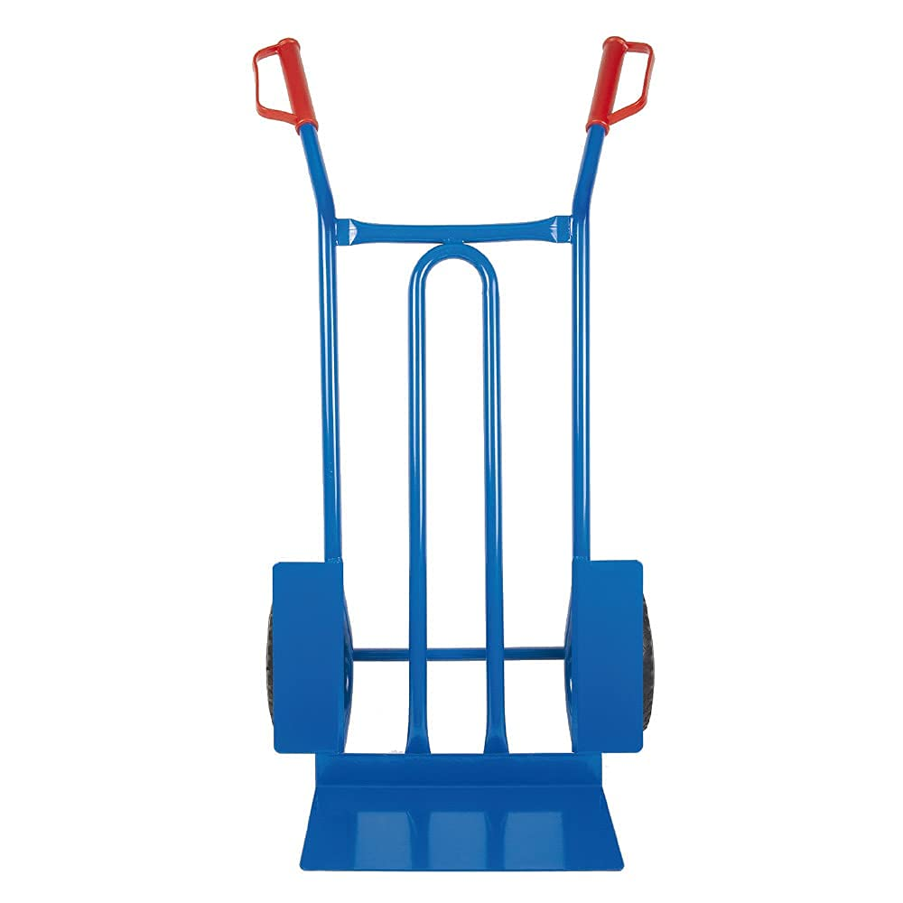 Eine blaue Sackkarre mit roten Griffen und zwei Rädern auf weißem Hintergrund.