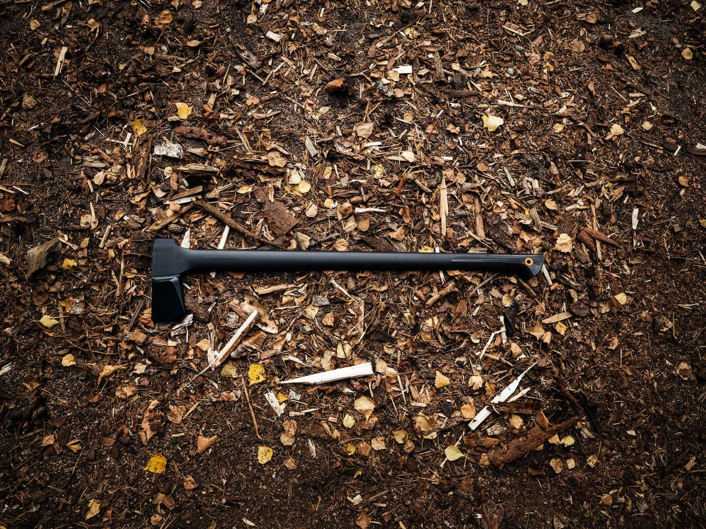Une hache noire repose horizontalement sur un sol forestier couvert de copeaux et de feuilles.
