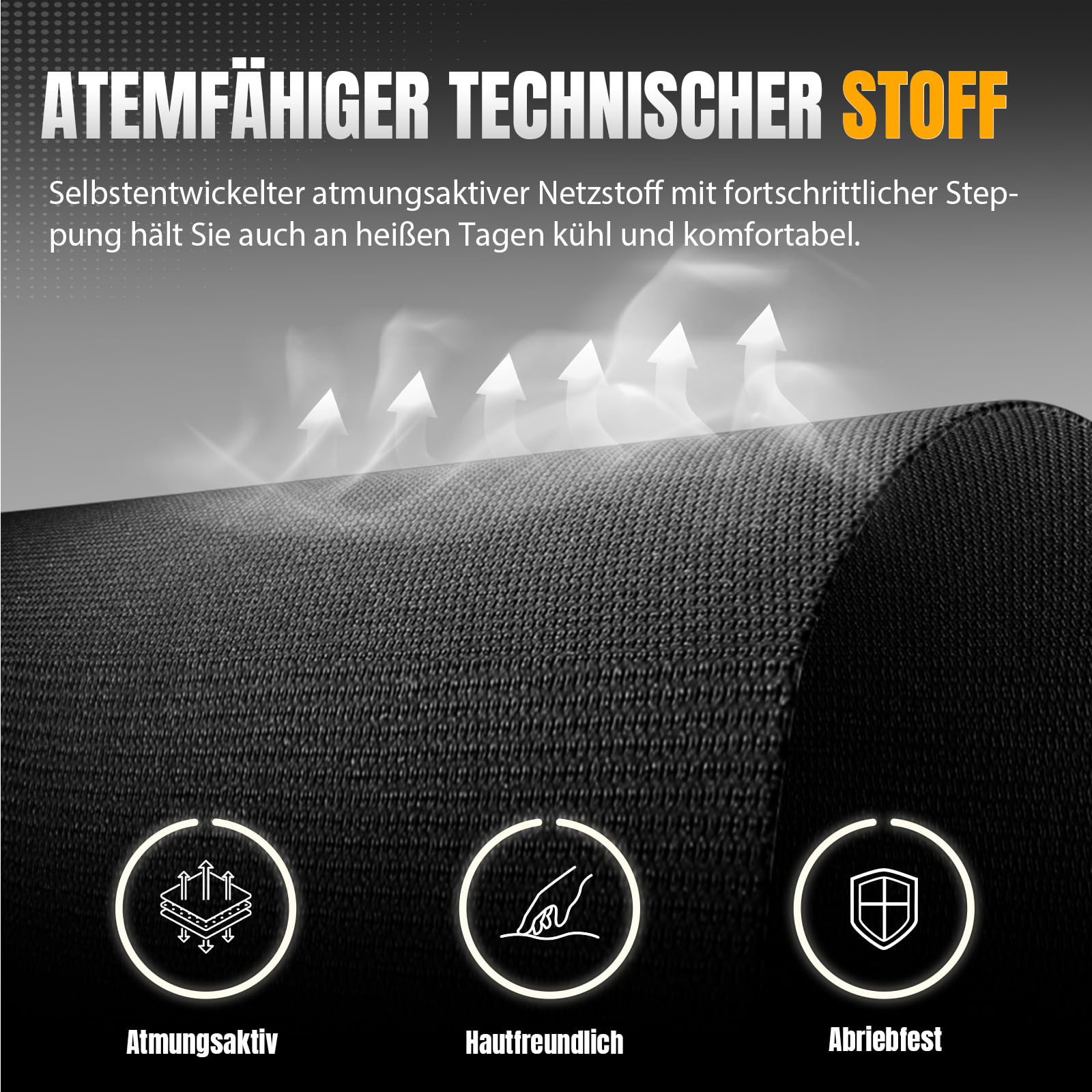 Nahaufnahme von schwarzem, atmungsaktivem Mesh-Stoff mit aufsteigenden Luftstrompfeilen und drei Icons.